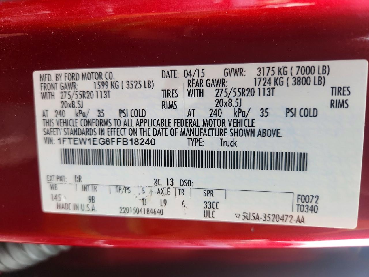 2015 Ford F150 Supercrew Red vin: 1FTEW1EG8FFB18240