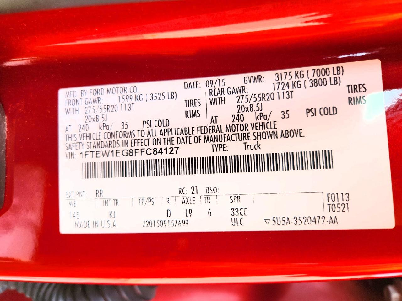 2015 Ford F150 Supercrew Red vin: 1FTEW1EG8FFC84127