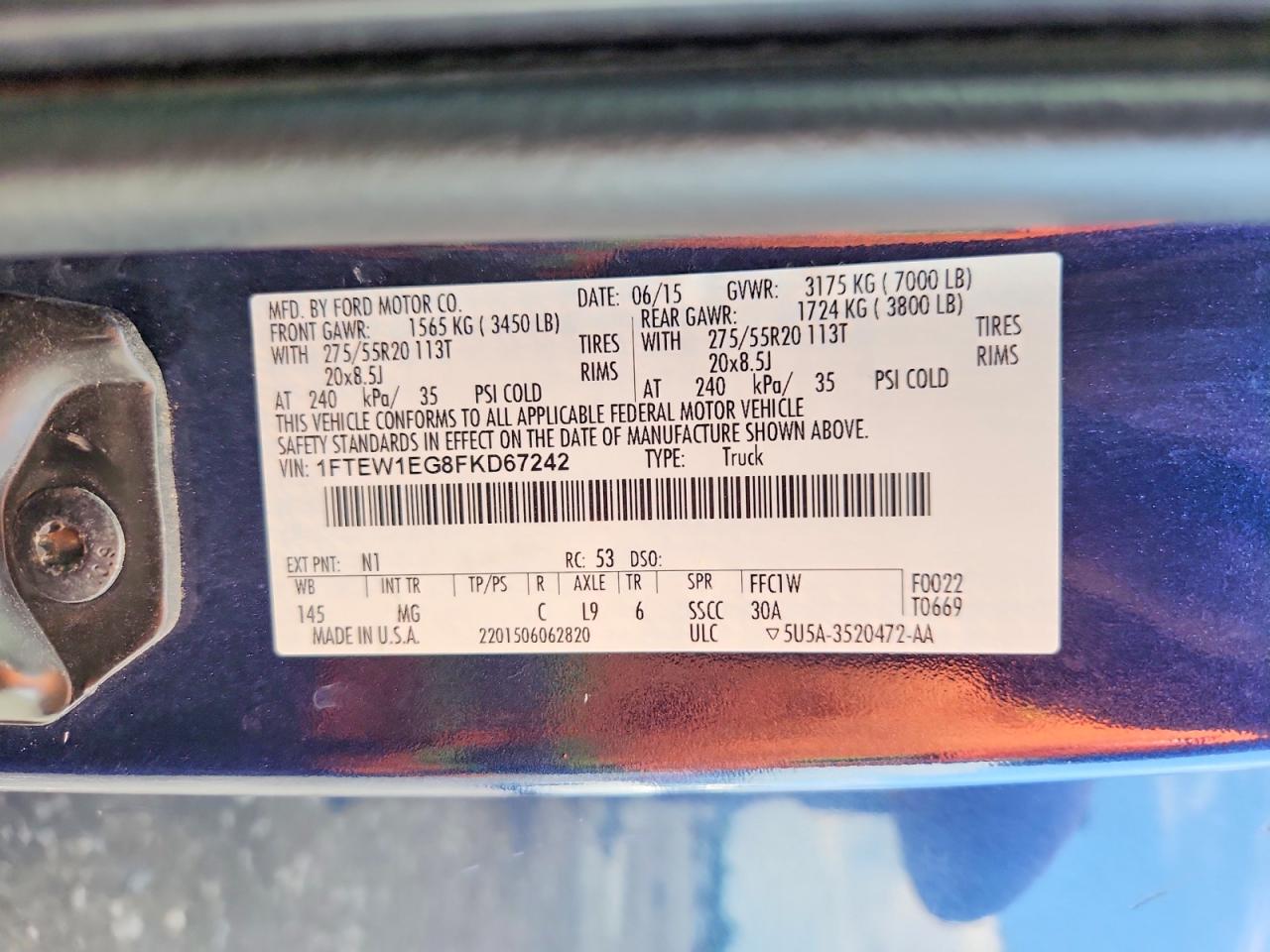 2015 Ford F150 Supercrew Blue vin: 1FTEW1EG8FKD67242