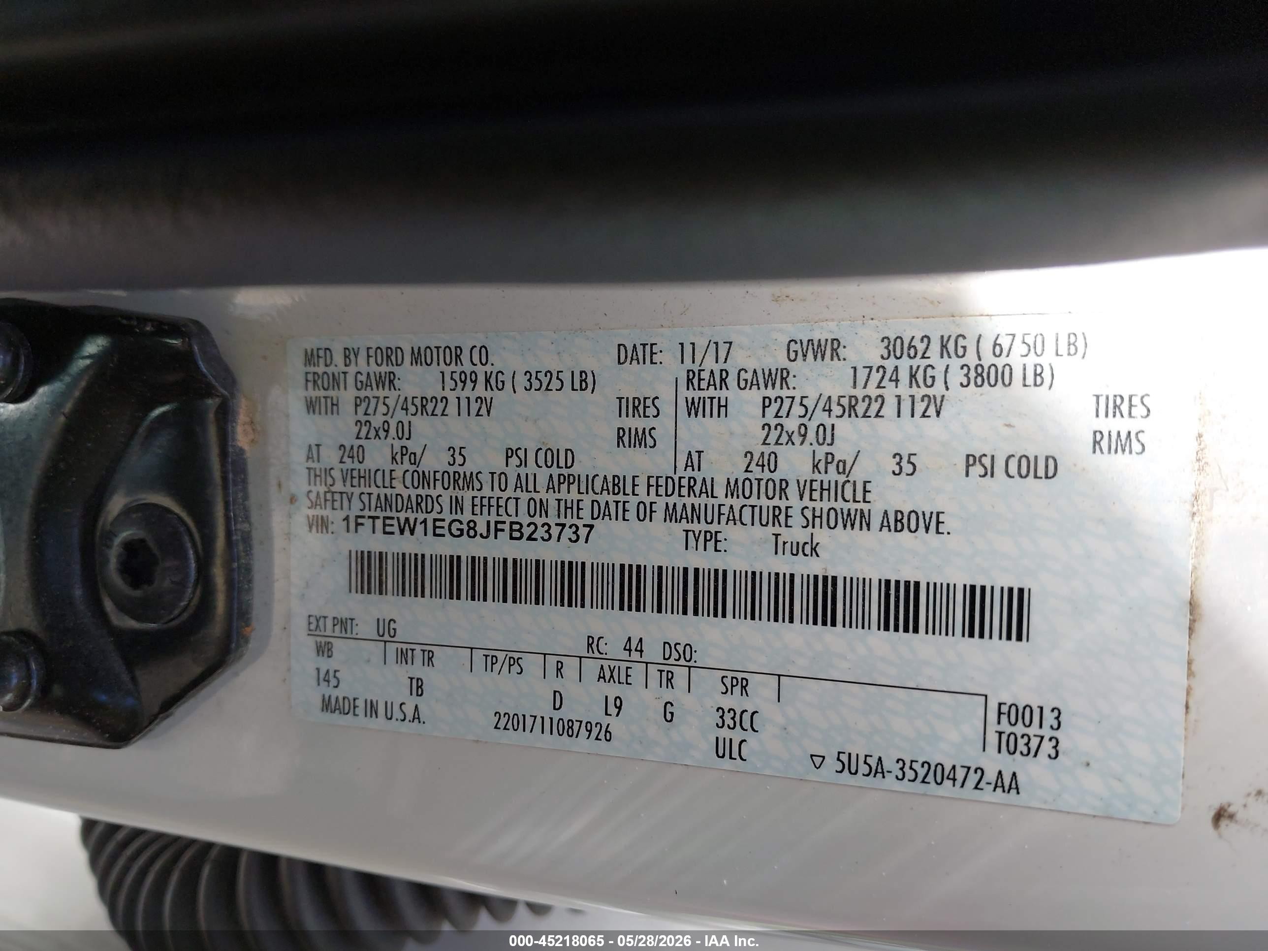 2018 Ford F-150 Limited White vin: 1FTEW1EG8JFB23737