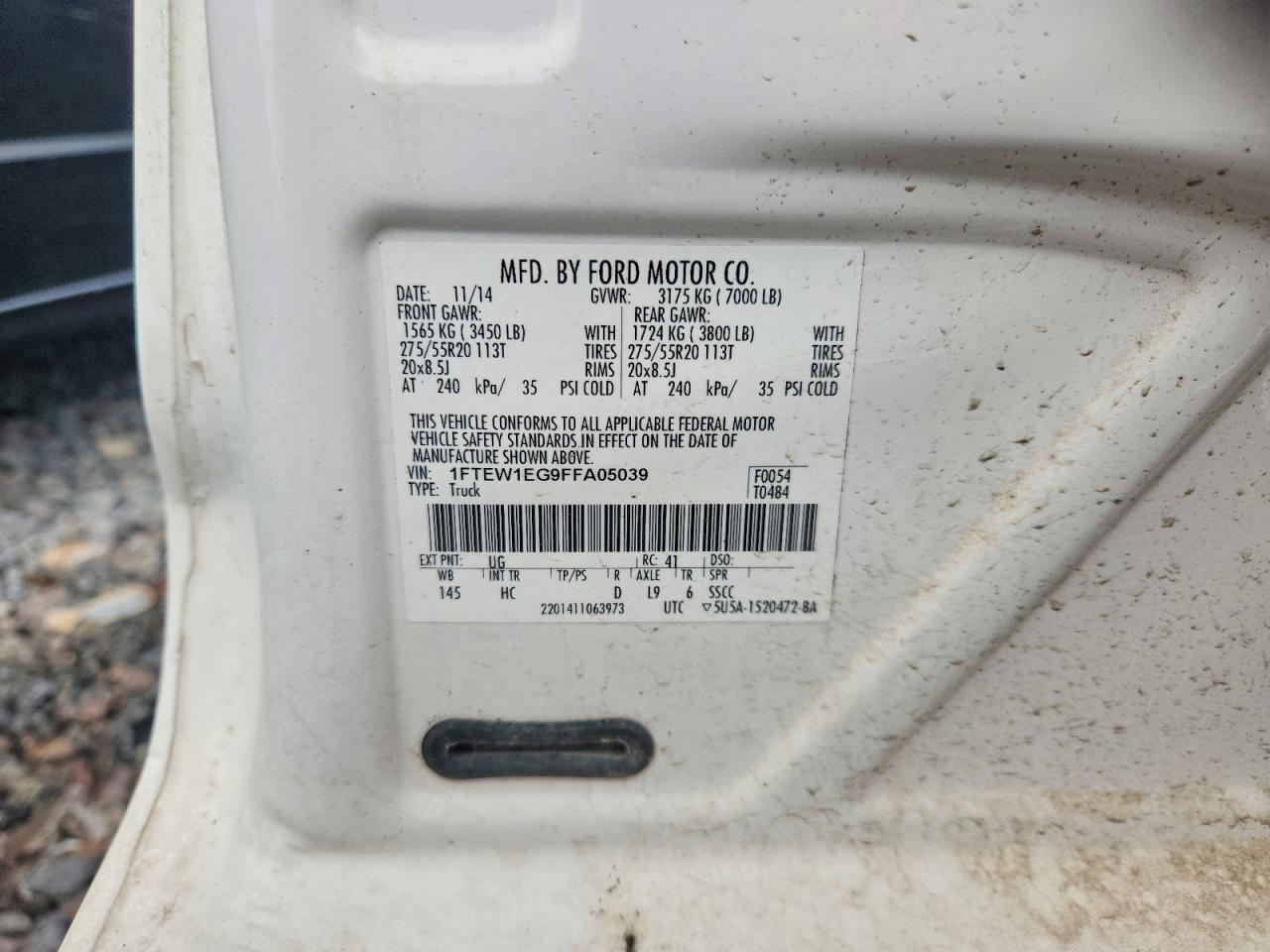 2015 Ford F150 Supercrew White vin: 1FTEW1EG9FFA05039