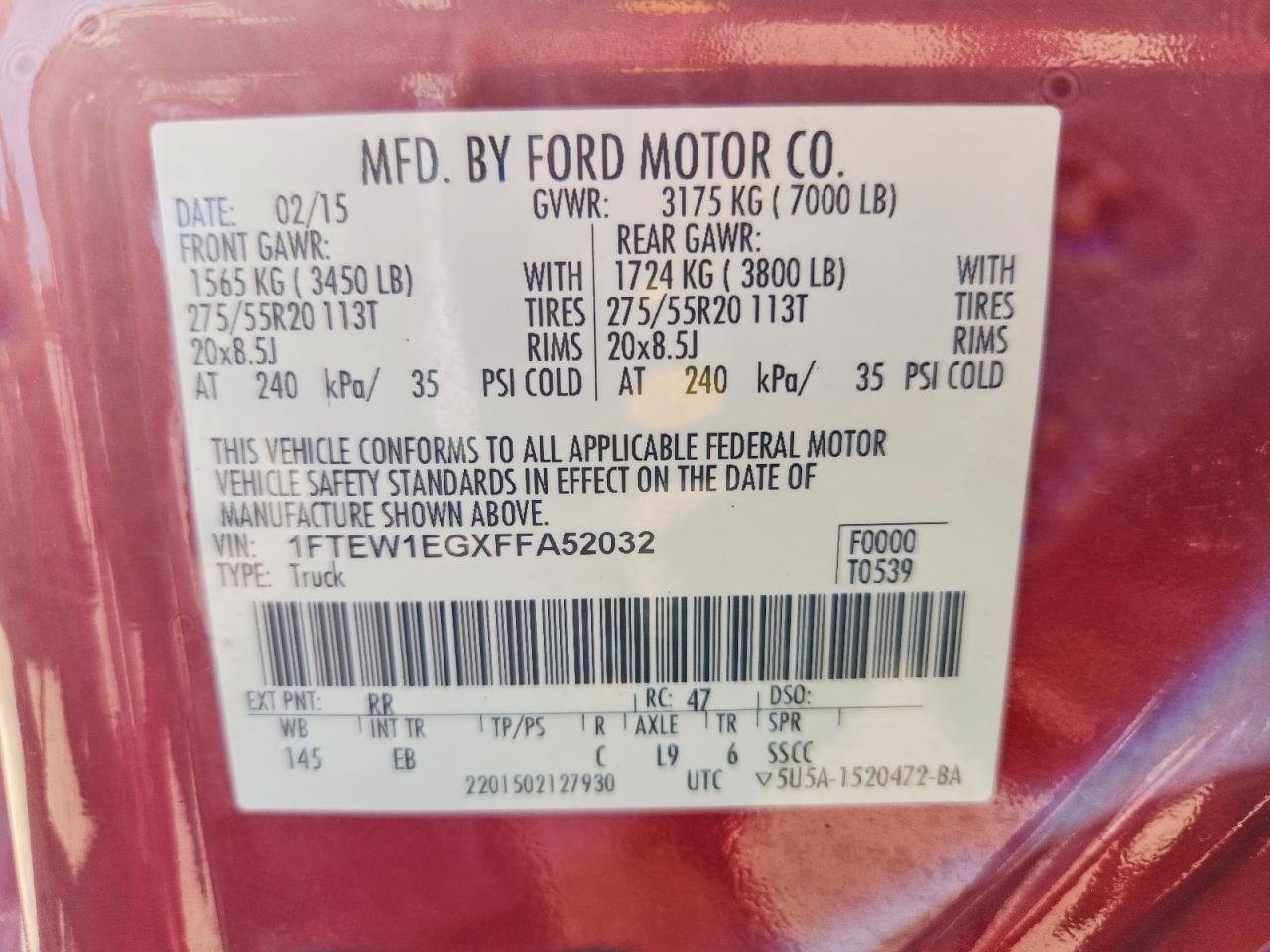 2015 Ford F150 Supercrew Red vin: 1FTEW1EGXFFA52032
