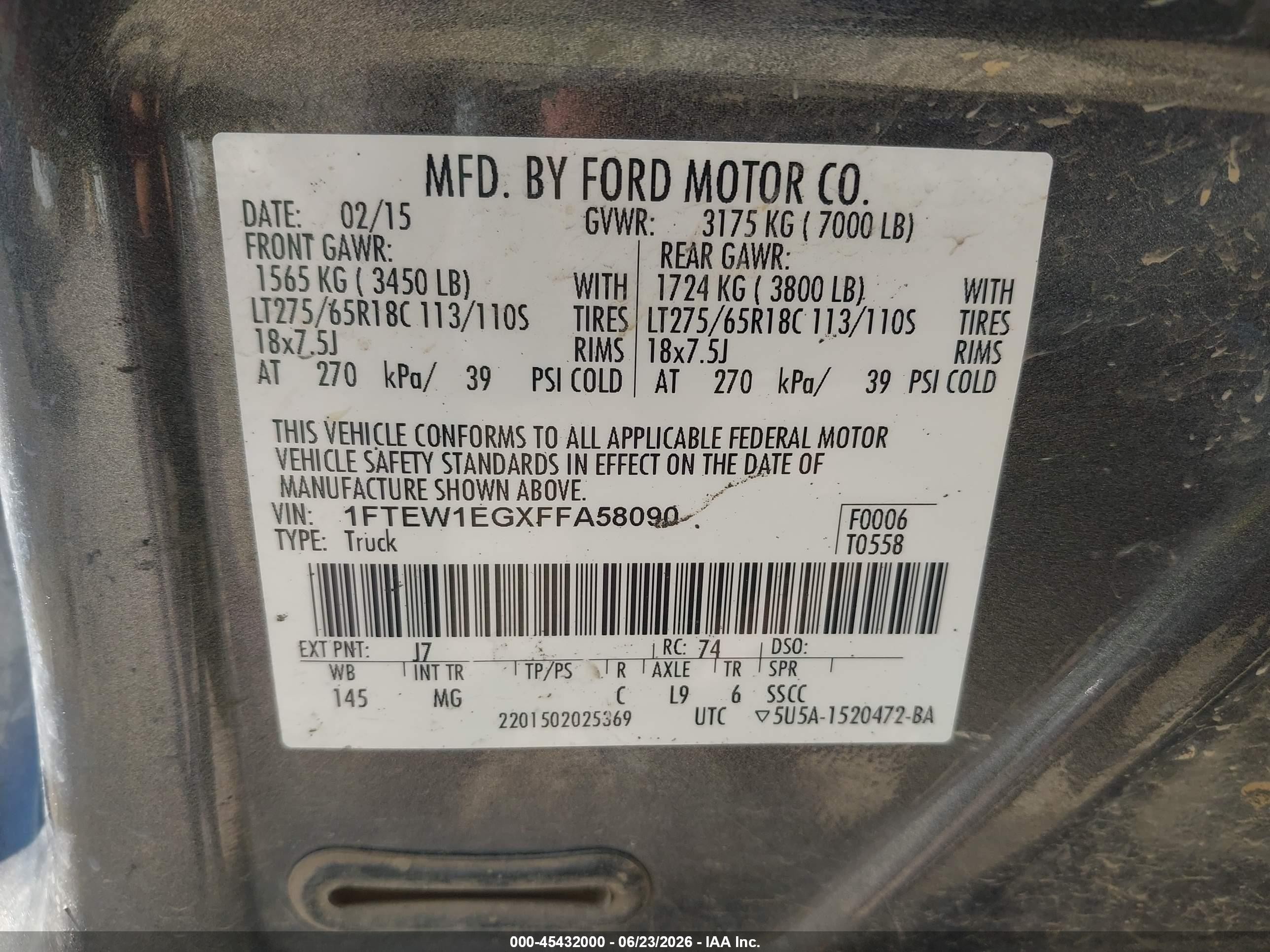 2015 Ford F-150 King Ranch/lariat/platinum/xl/xlt Gray vin: 1FTEW1EGXFFA58090