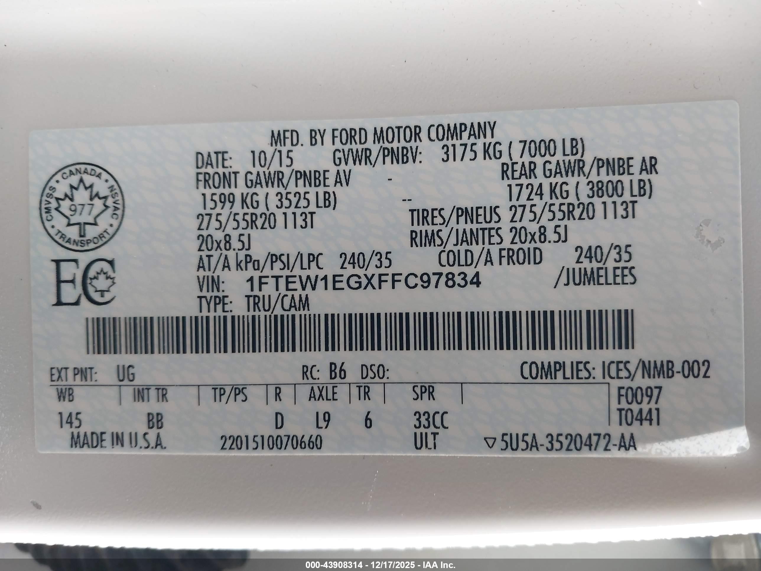 2015 Ford F-150 Platinum White vin: 1FTEW1EGXFFC97834