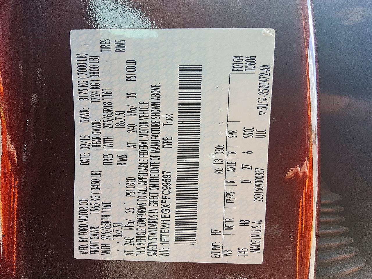 2015 Ford F150 Supercrew Burgundy vin: 1FTEW1EGXFFC99597