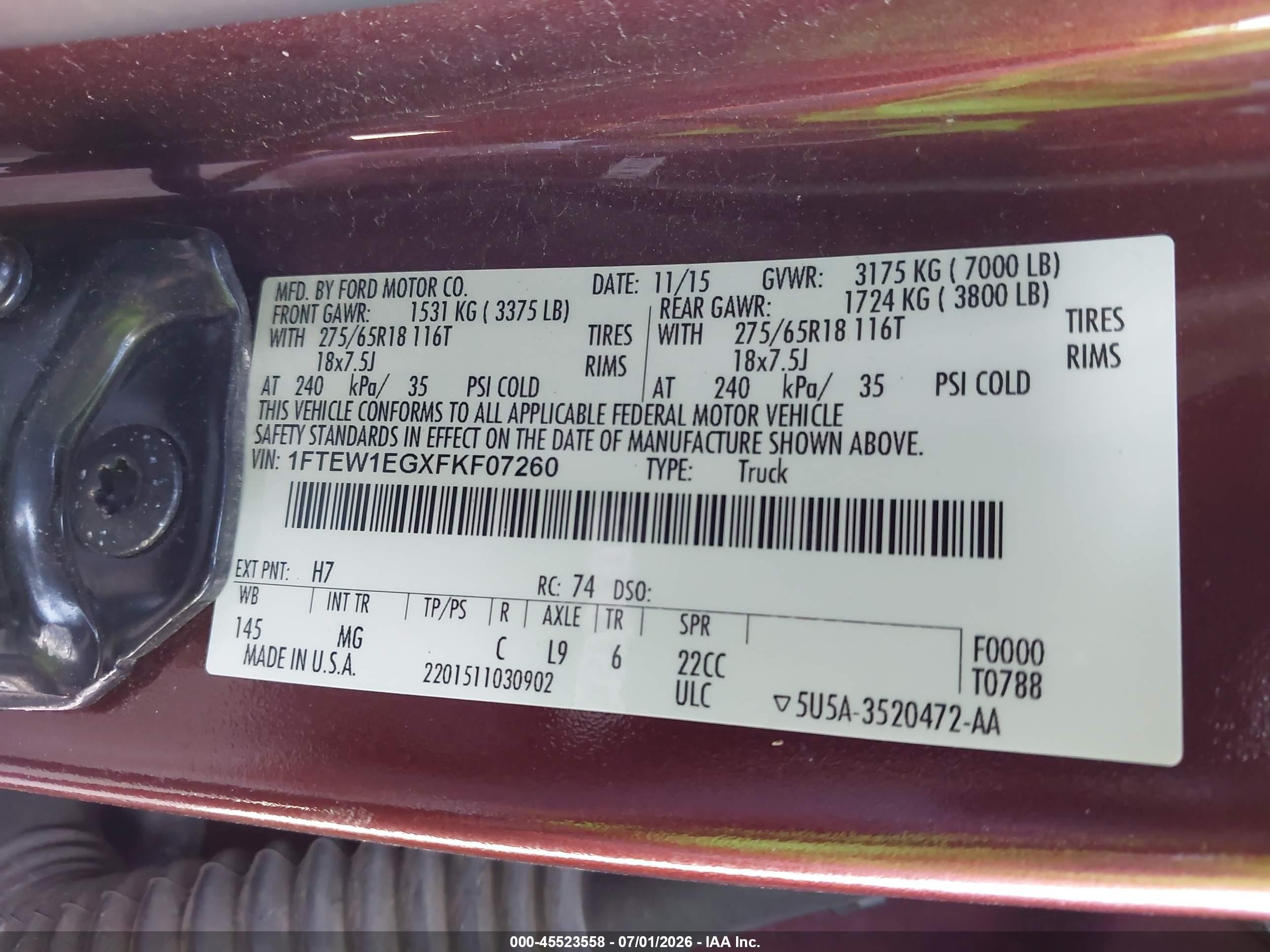 2015 Ford F-150 King Ranch/lariat/platinum/xl/xlt Maroon vin: 1FTEW1EGXFKF07260