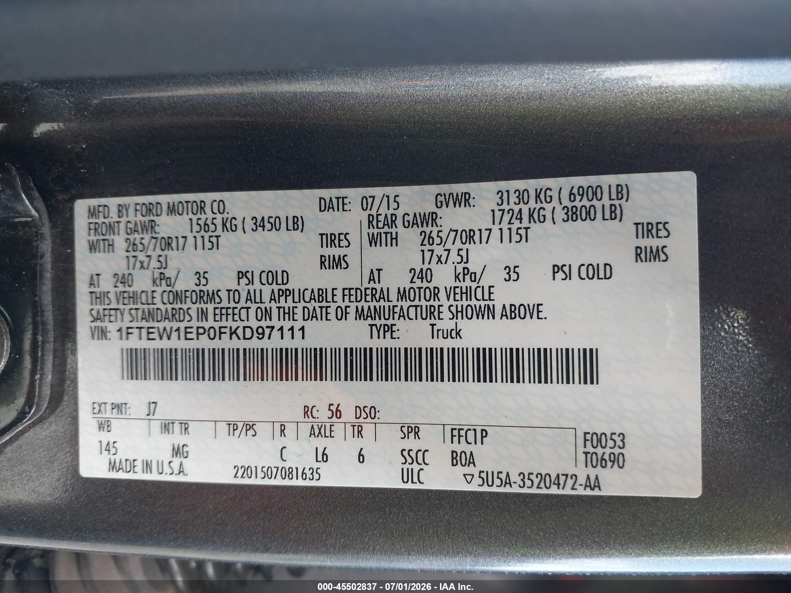 2015 Ford F-150 Lariat/xl/xlt Gray vin: 1FTEW1EP0FKD97111