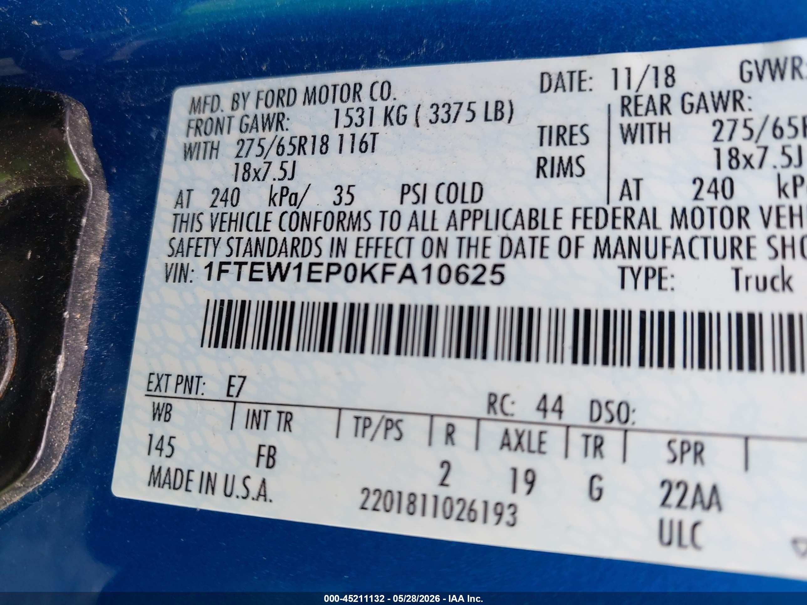 2019 Ford F-150 Xlt Blue vin: 1FTEW1EP0KFA10625
