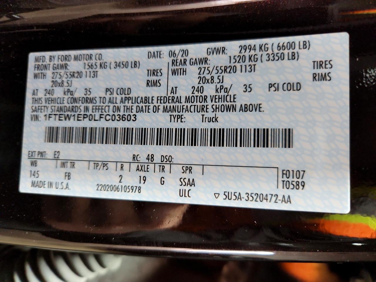 2020 Ford F150 Supercrew Burgundy vin: 1FTEW1EP0LFC03603