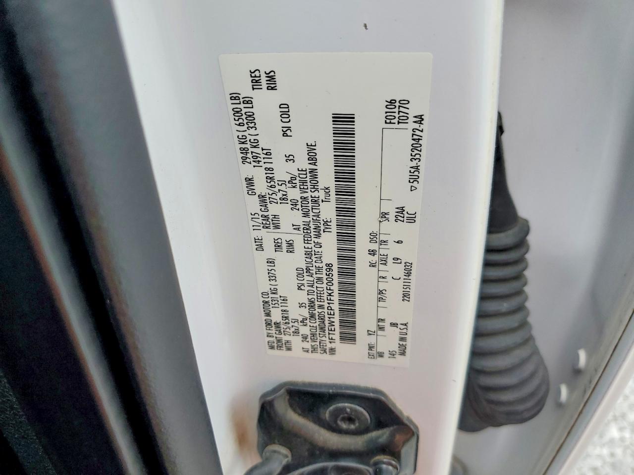 2015 Ford F150 Supercrew White vin: 1FTEW1EP1FKF00598