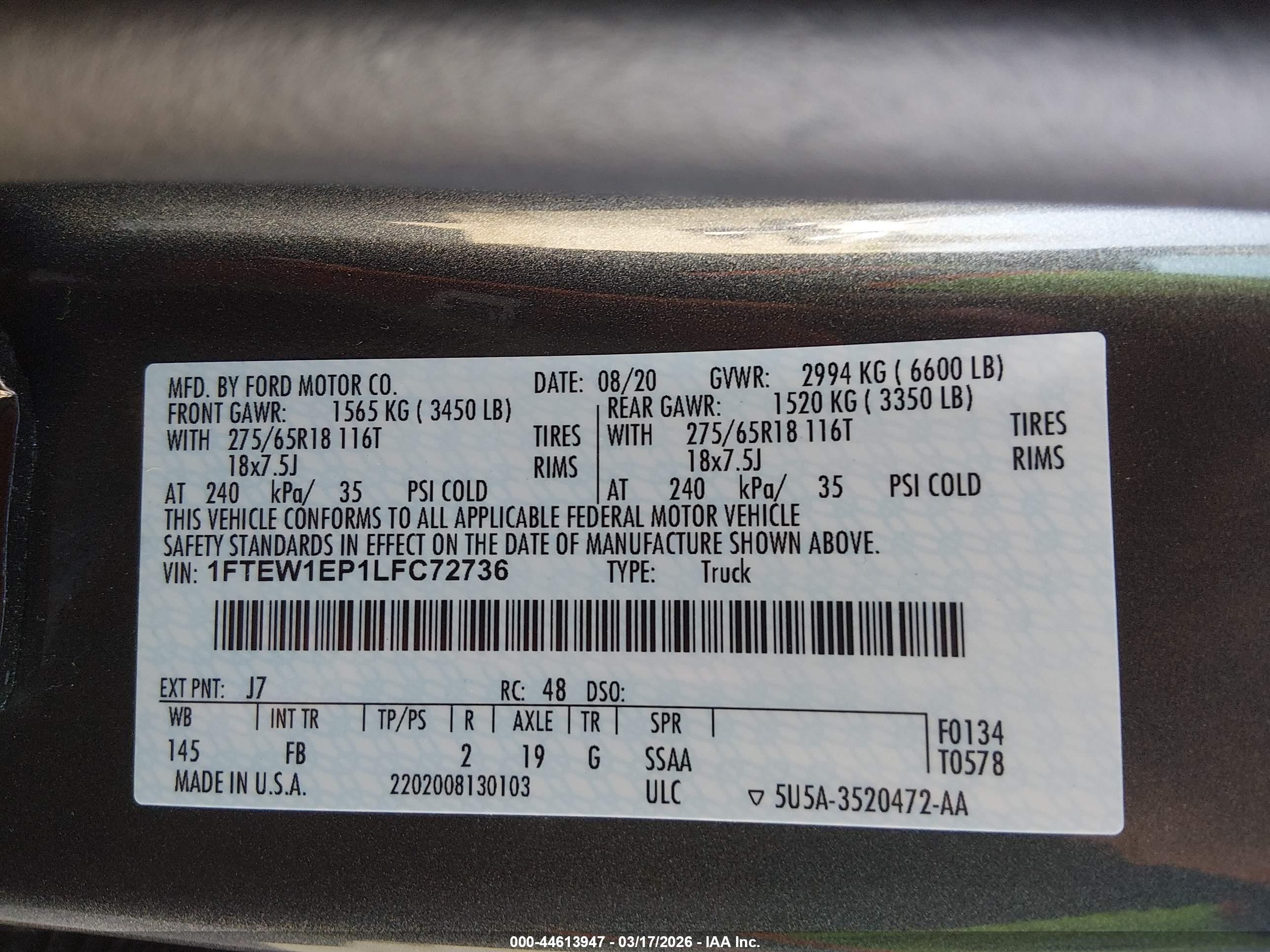 2020 Ford F-150 Lariat/xl/xlt Gray vin: 1FTEW1EP1LFC72736