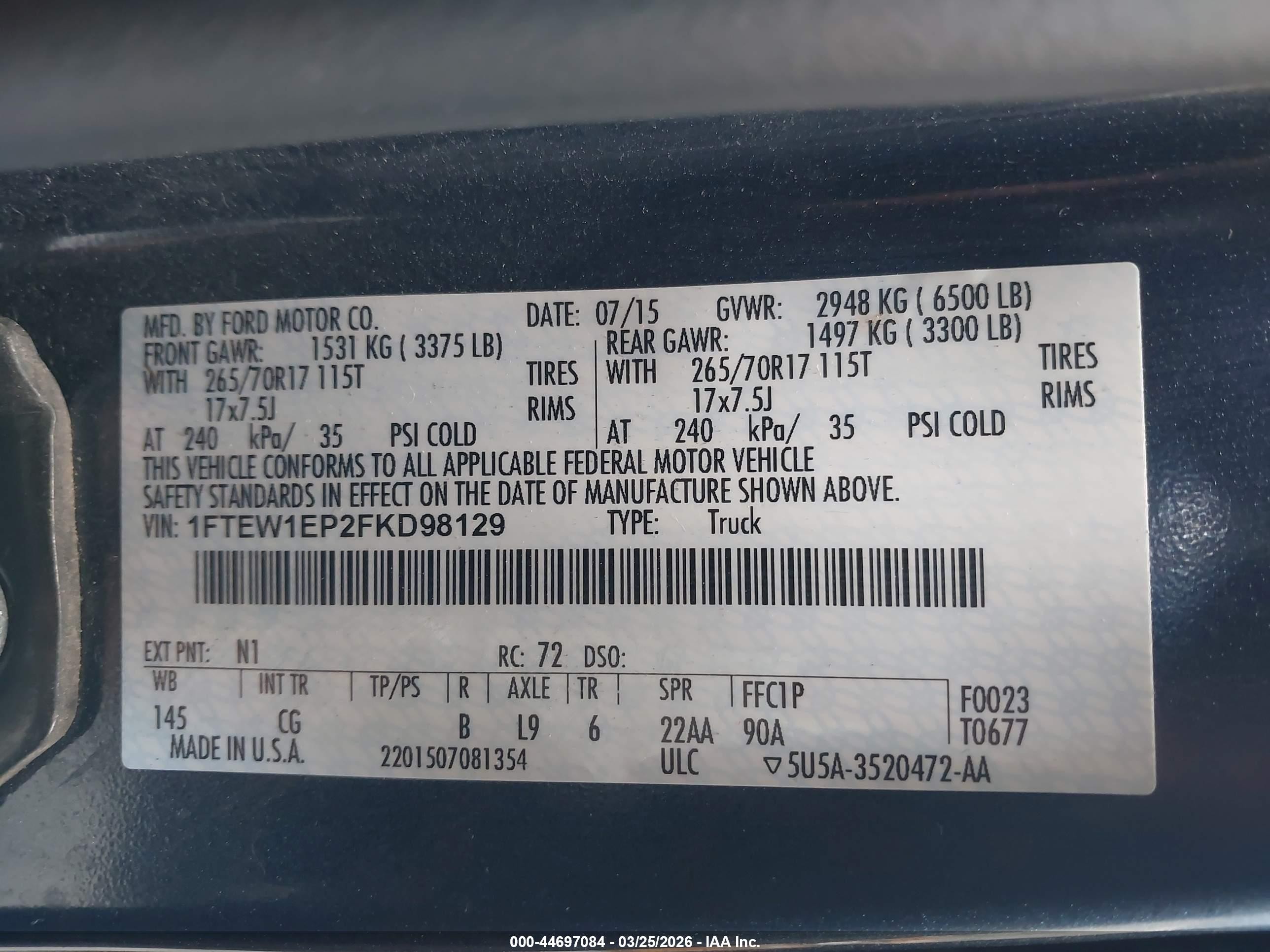 2015 Ford F-150 Xl Blue vin: 1FTEW1EP2FKD98129