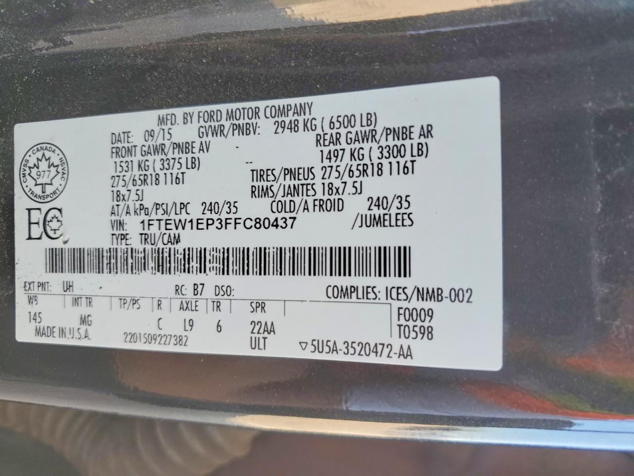 2015 Ford F150 Supercrew Charcoal vin: 1FTEW1EP3FFC80437