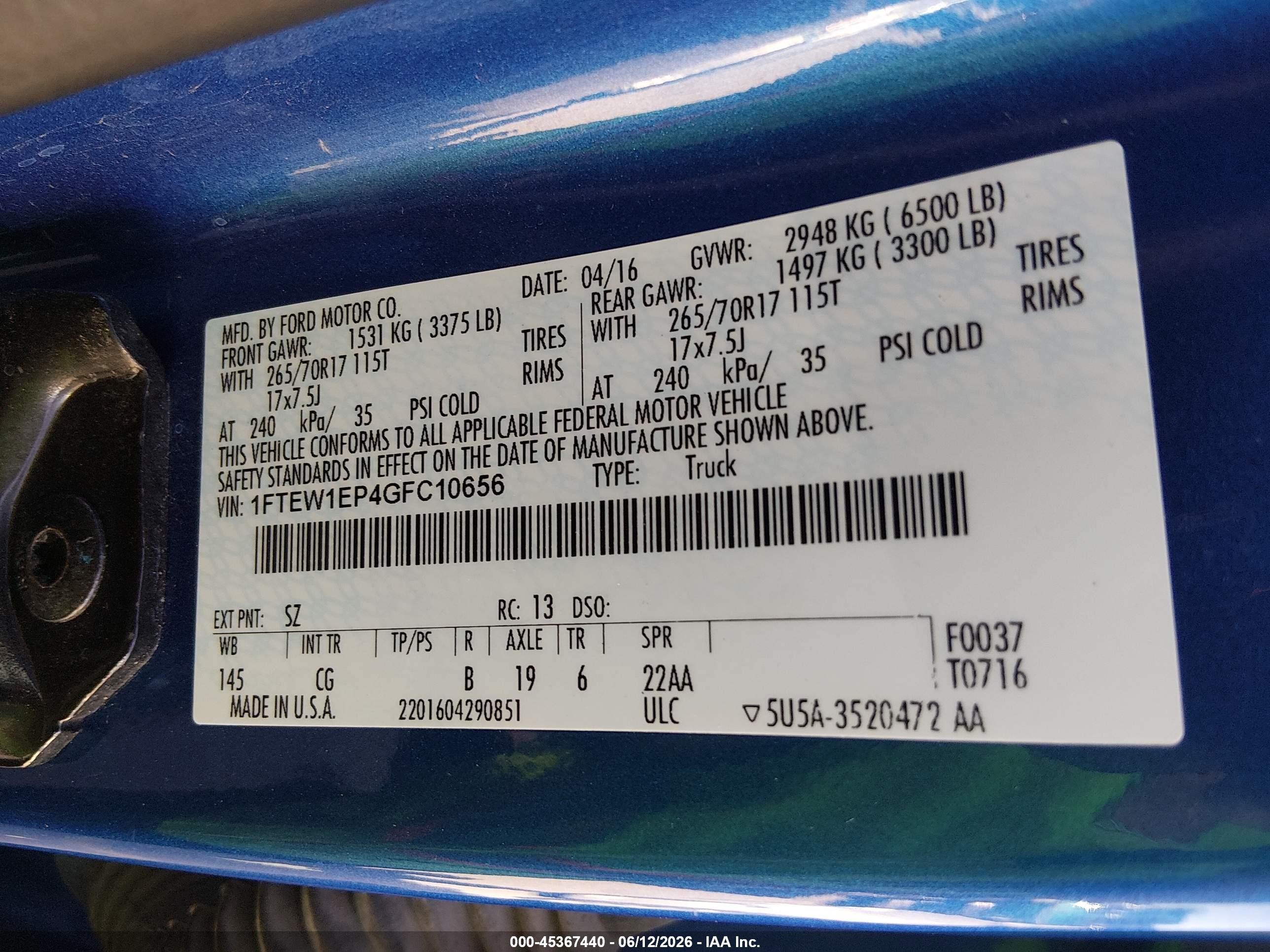 2016 Ford F-150 Xl Blue vin: 1FTEW1EP4GFC10656