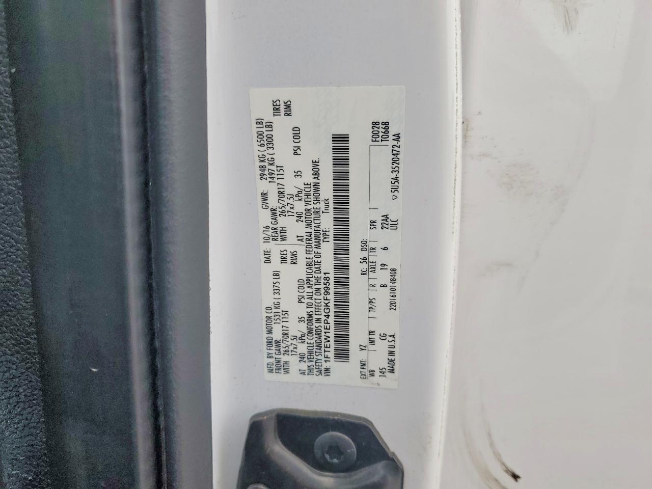 2016 Ford F150 Supercrew White vin: 1FTEW1EP4GKF99581
