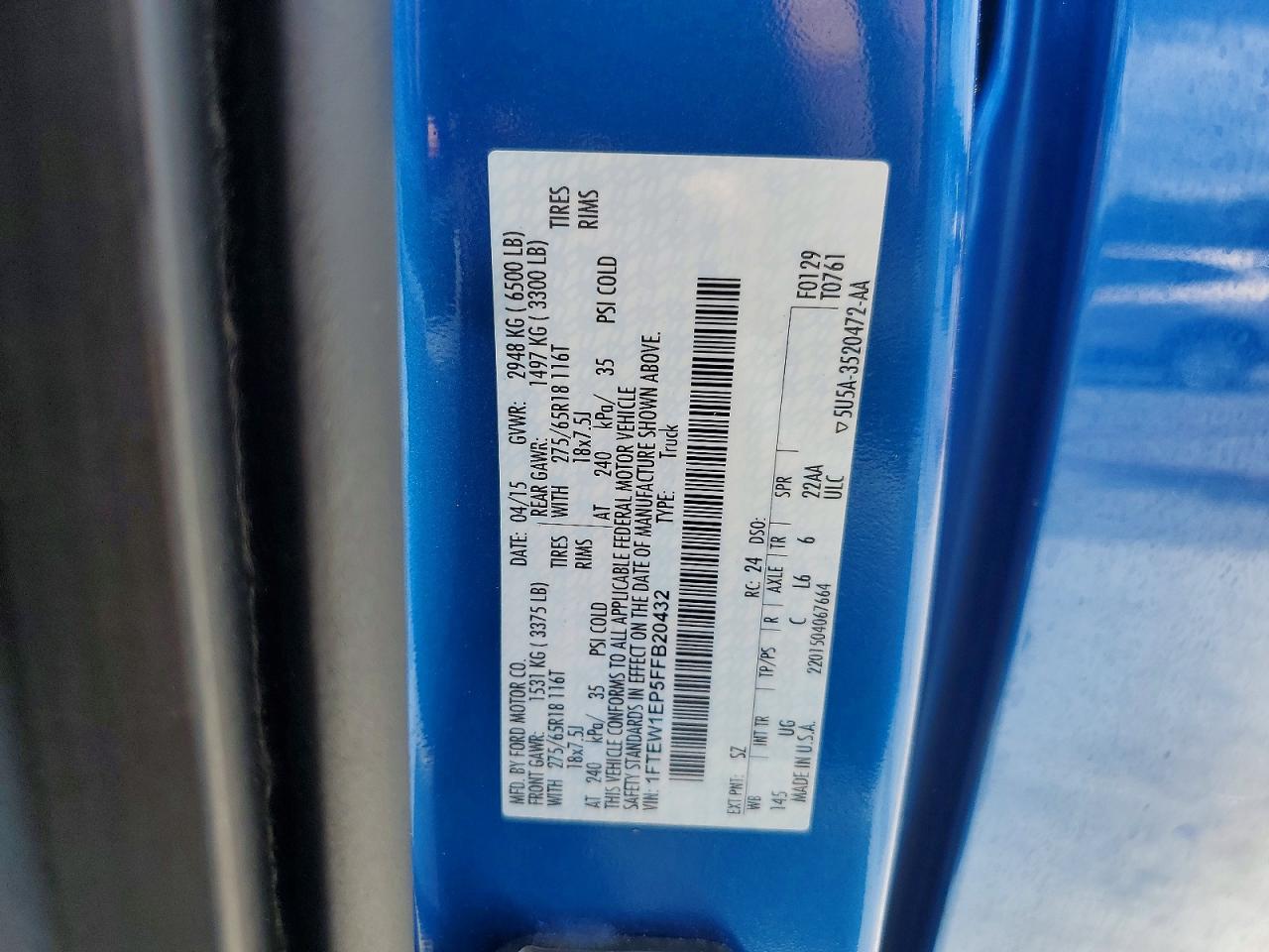 2015 Ford F150 Supercrew Blue vin: 1FTEW1EP5FFB20432