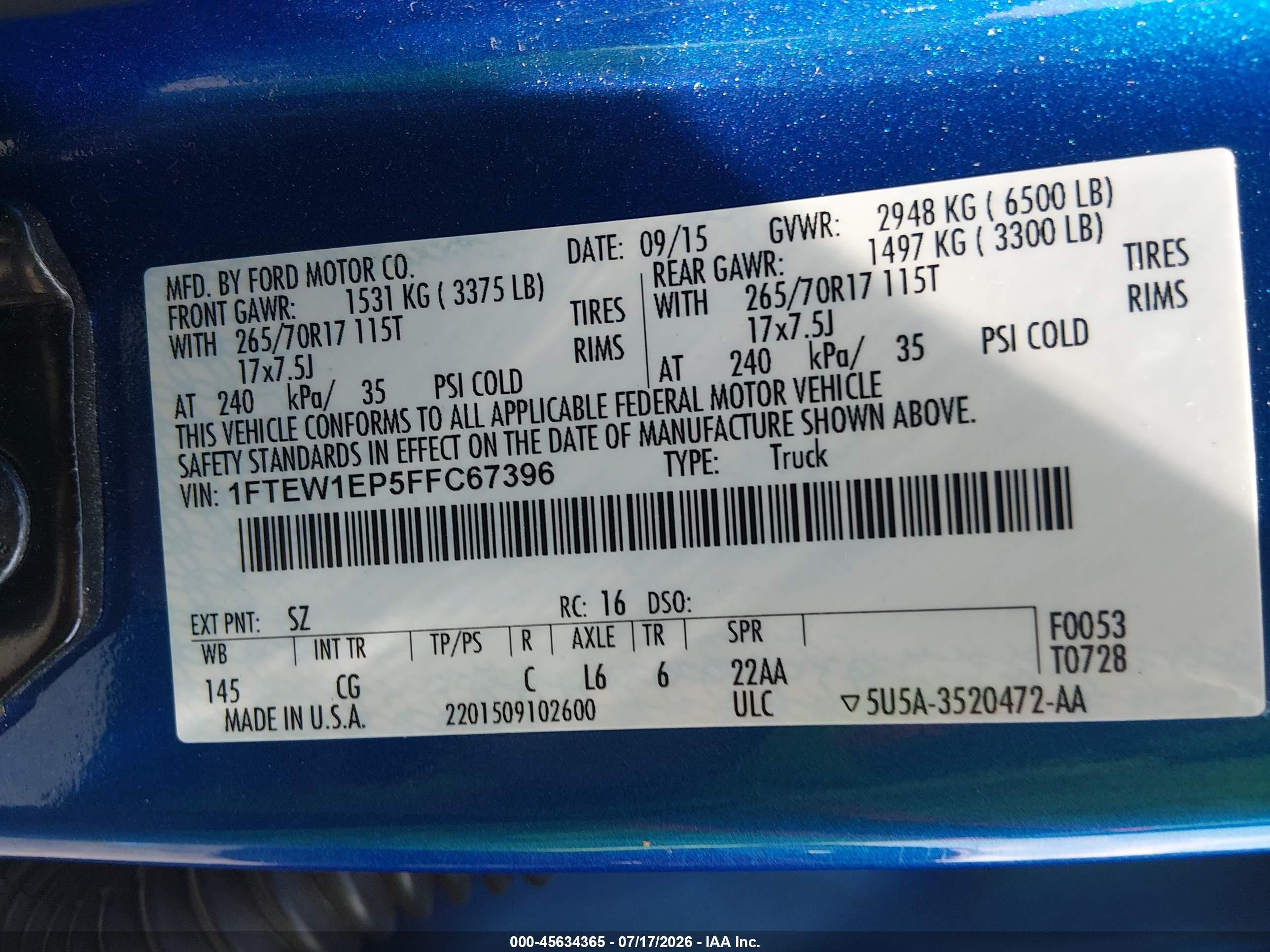 2015 Ford F-150 Lariat/xl/xlt Blue vin: 1FTEW1EP5FFC67396