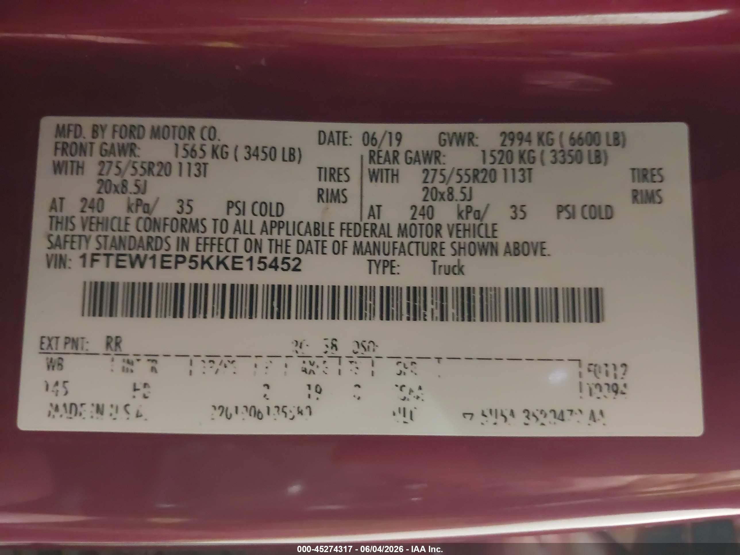 2019 Ford F-150 Lariat Red vin: 1FTEW1EP5KKE15452