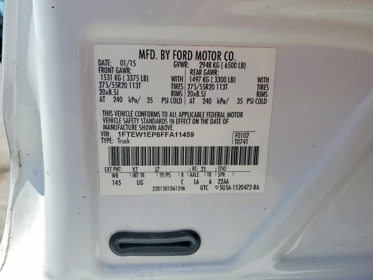 2015 Ford F150 Supercrew White vin: 1FTEW1EP6FFA11459