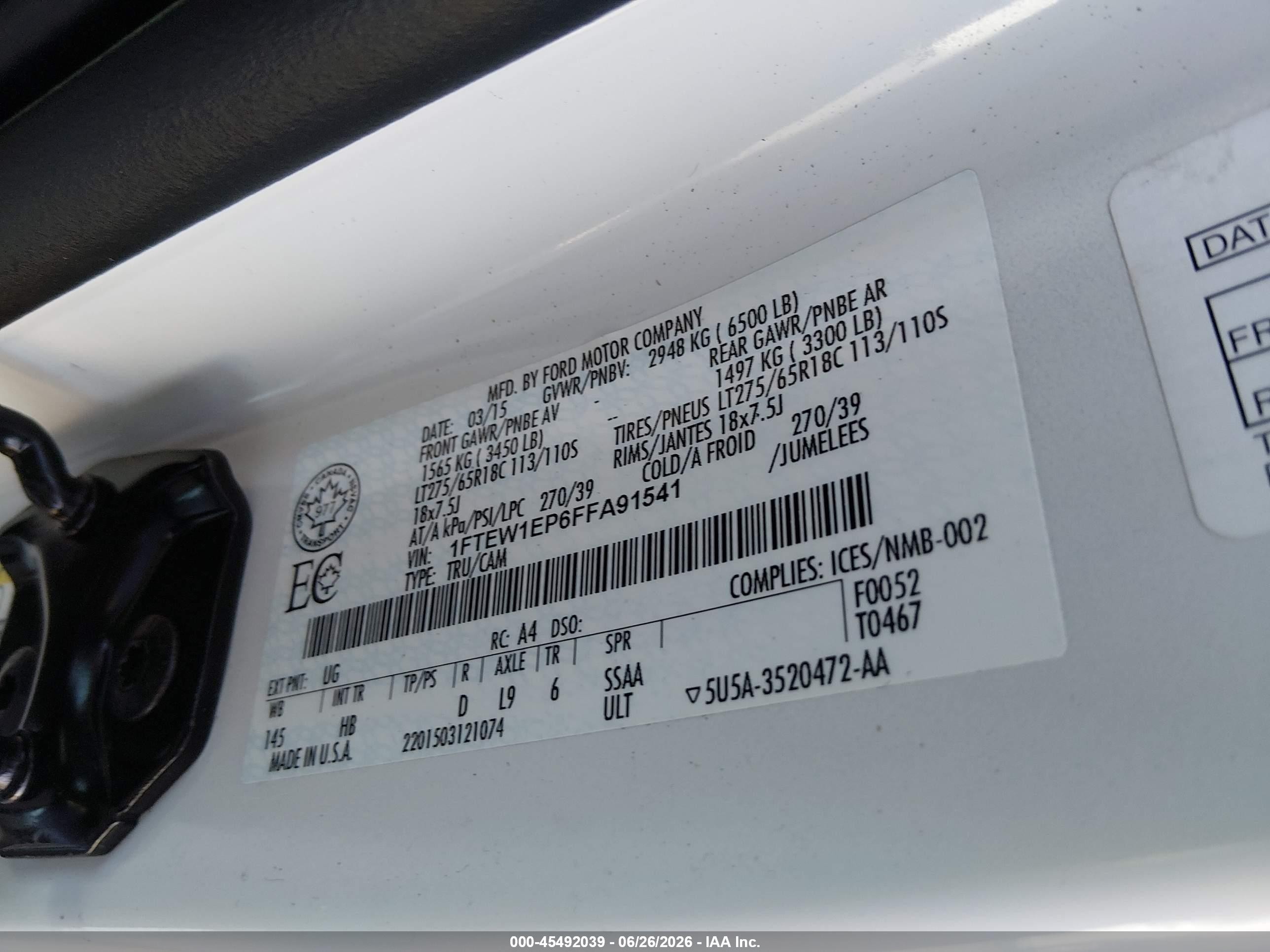 2015 Ford F-150 Lariat/xl/xlt White vin: 1FTEW1EP6FFA91541