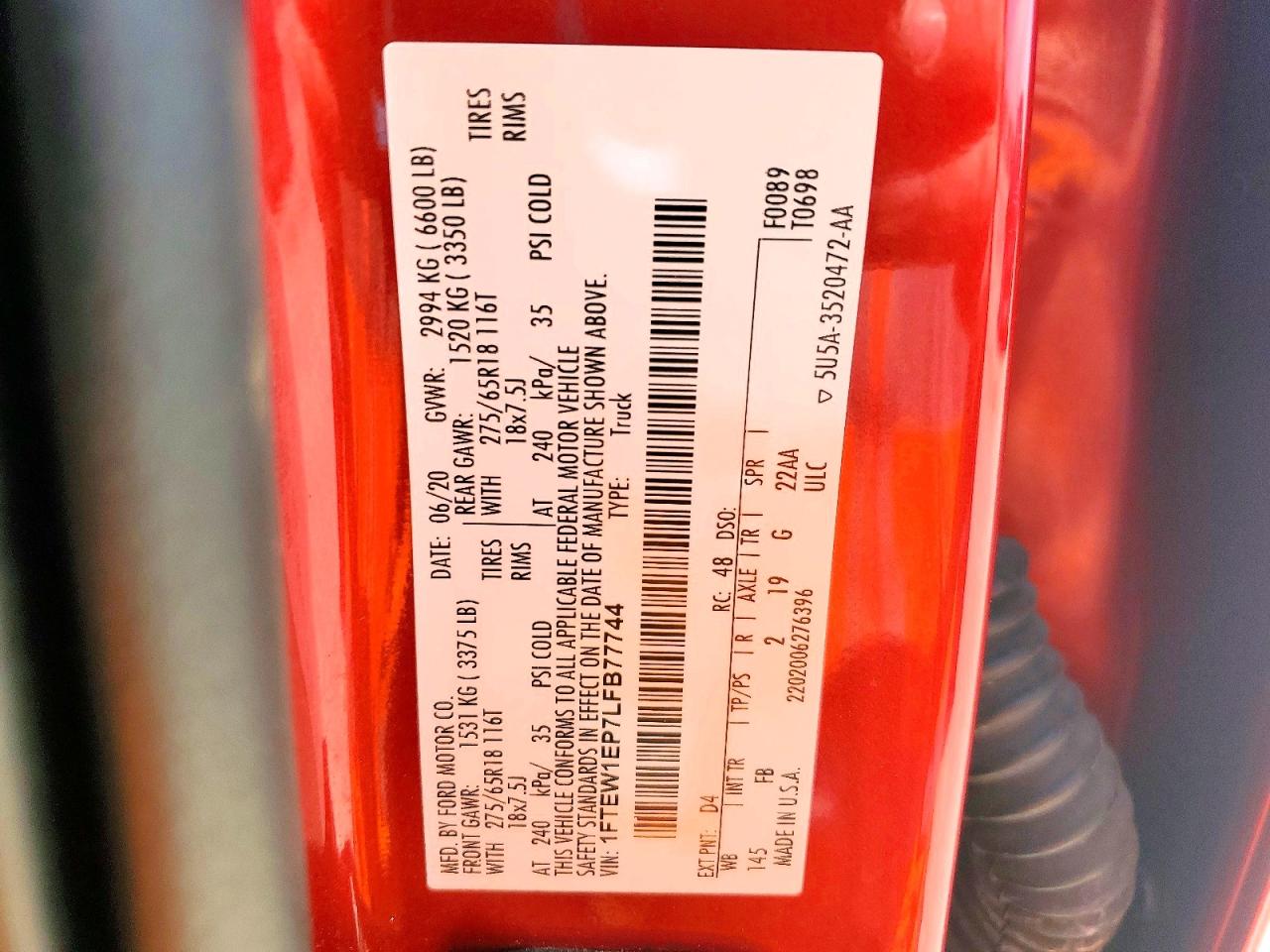 2020 Ford F150 Supercrew Red vin: 1FTEW1EP7LFB77744