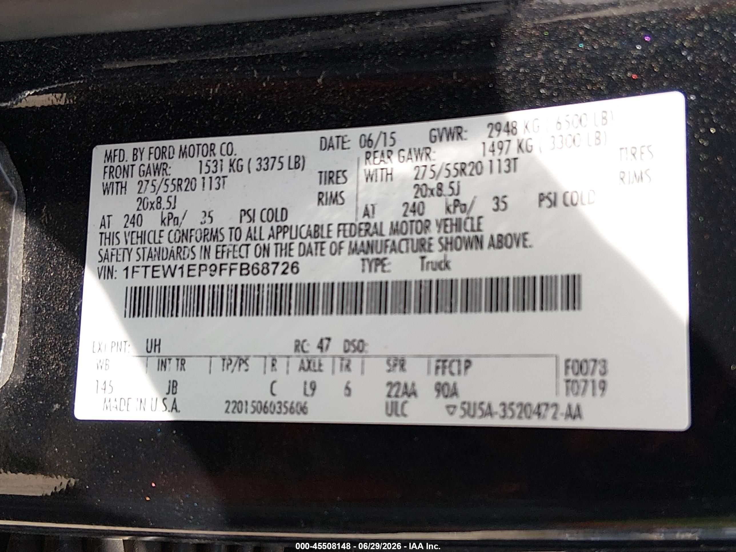 2015 Ford F-150 Lariat/xl/xlt Black vin: 1FTEW1EP9FFB68726
