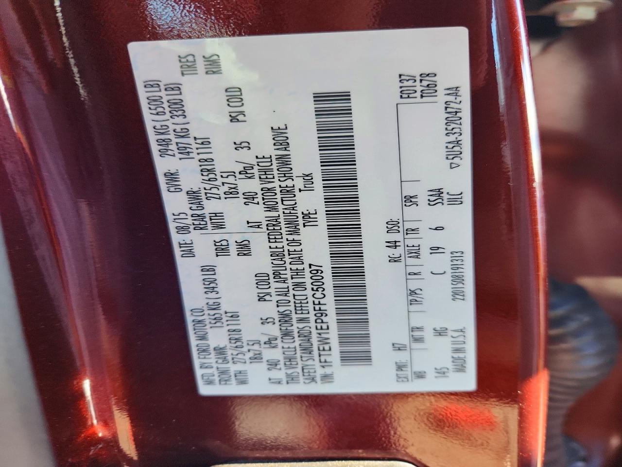 2015 Ford F150 Supercrew Burgundy vin: 1FTEW1EP9FFC50097