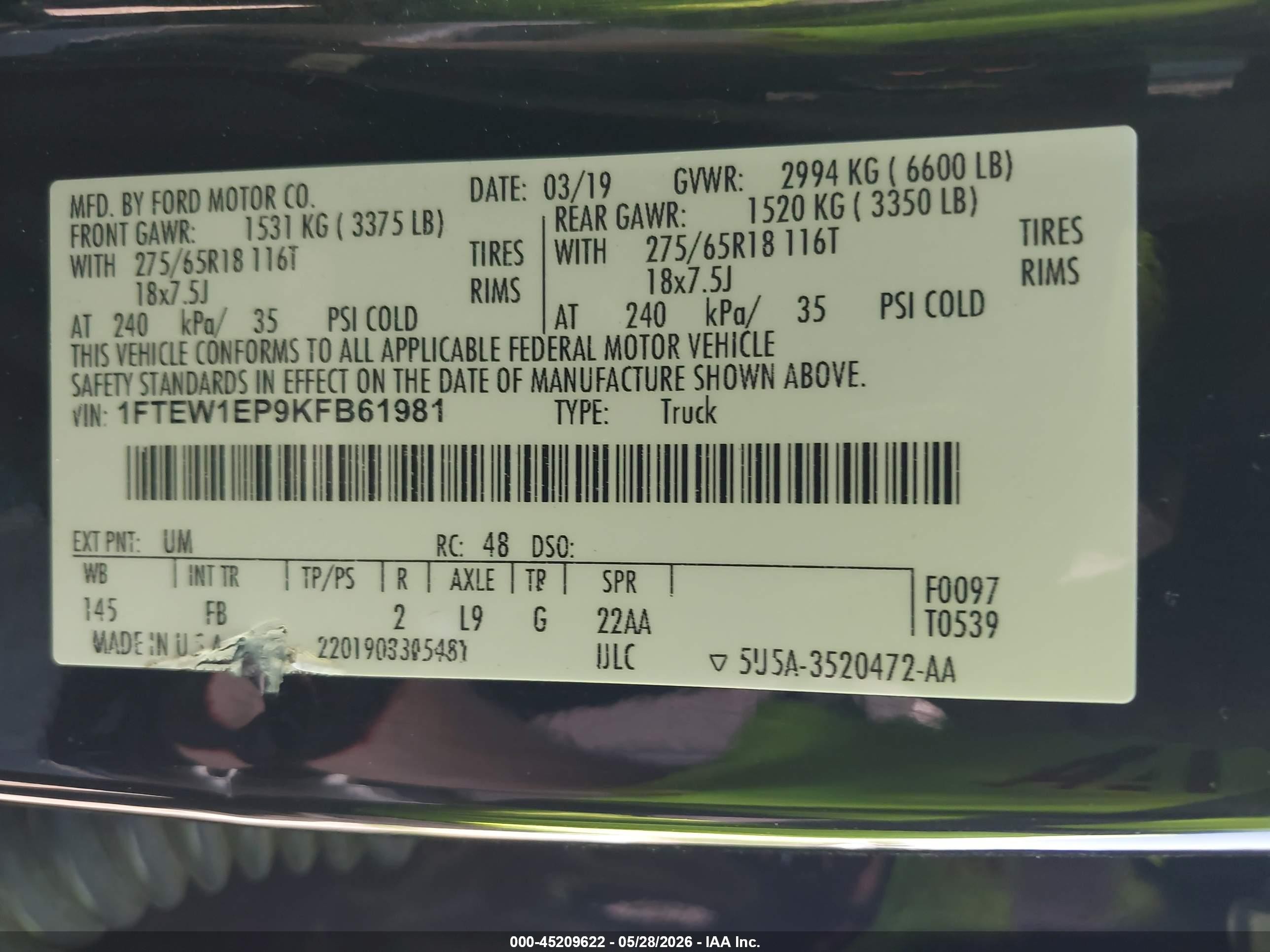 2019 Ford F-150 Xlt Black vin: 1FTEW1EP9KFB61981
