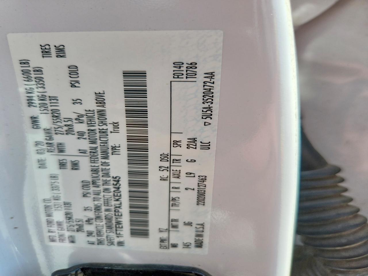 2020 Ford F150 Supercrew White vin: 1FTEW1EPXLKE04545