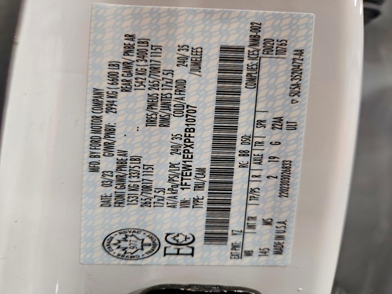 2023 Ford F150 Supercrew White vin: 1FTEW1EPXPFB10707