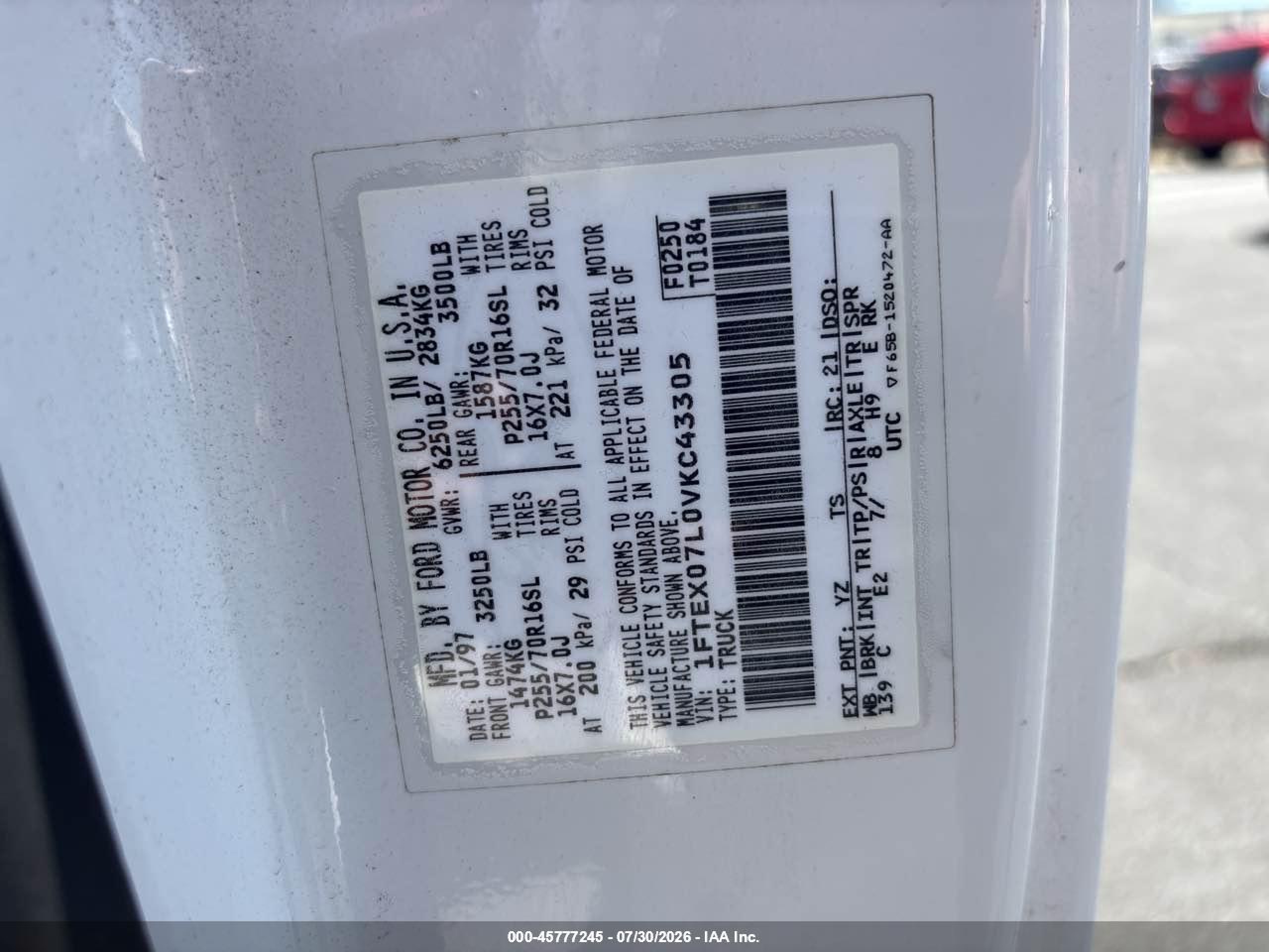 1997 Ford F-150 Lariat/xl/xlt vin: 1FTEX07L0VKC43305