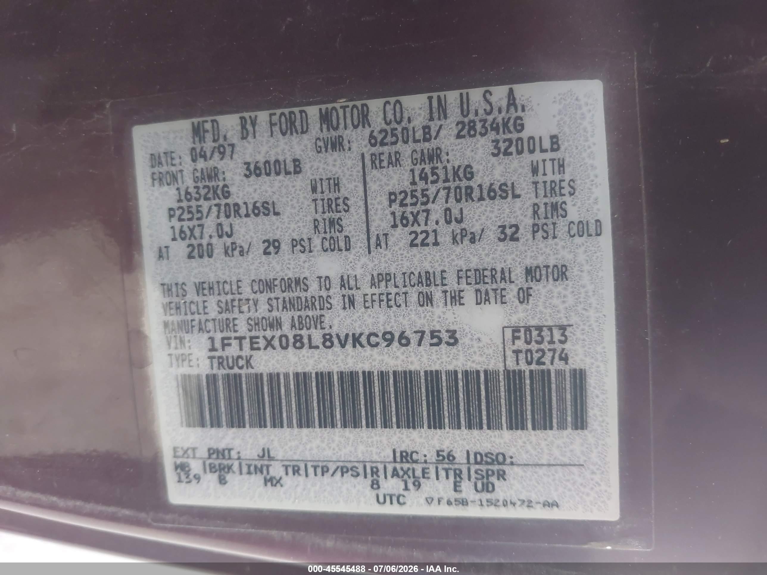 1997 Ford F-150 Lariat/xl/xlt Red vin: 1FTEX08L8VKC96753