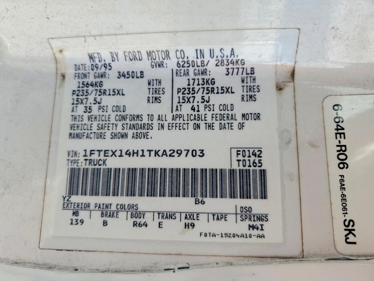 1996 Ford F150 White vin: 1FTEX14H1TKA29703
