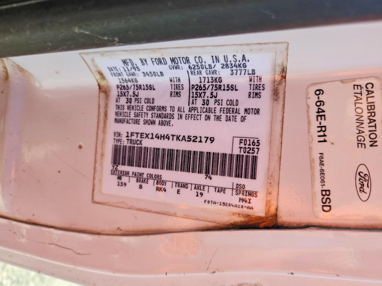 1996 Ford F150 White vin: 1FTEX14H4TKA52179