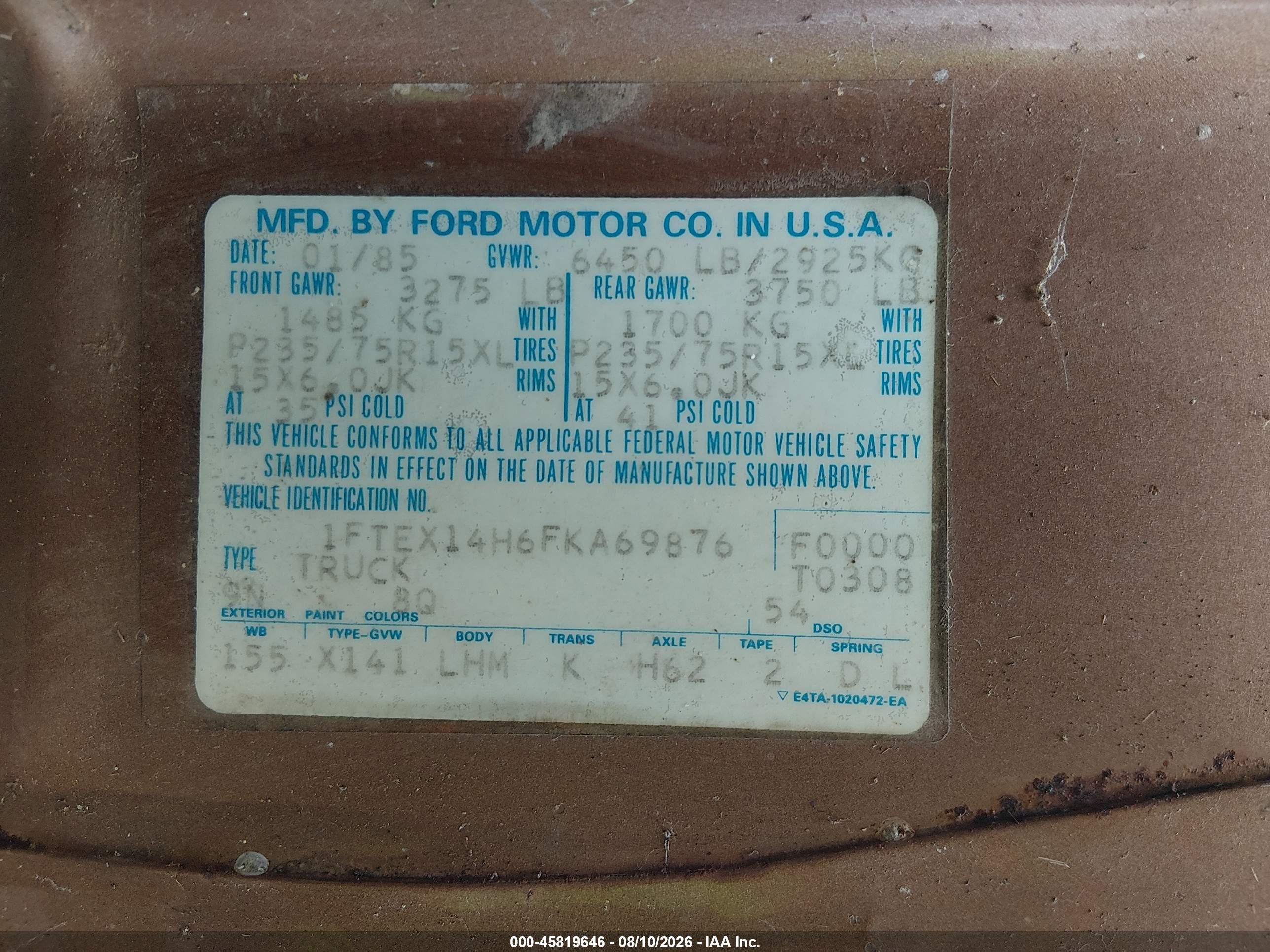 1985 Ford F150   Brown vin: 1FTEX14H6FKA69876