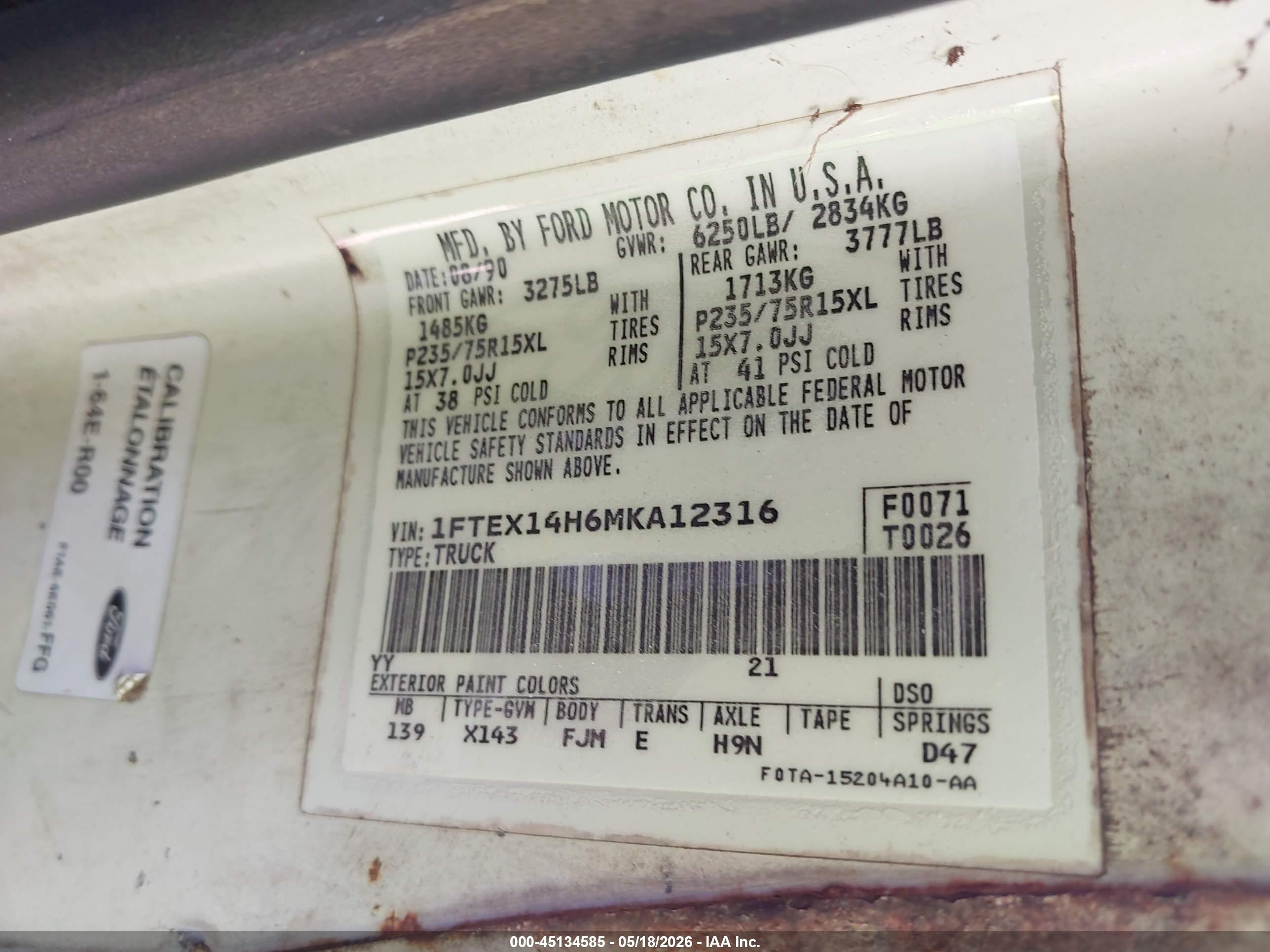 1991 Ford F150   White vin: 1FTEX14H6MKA12316