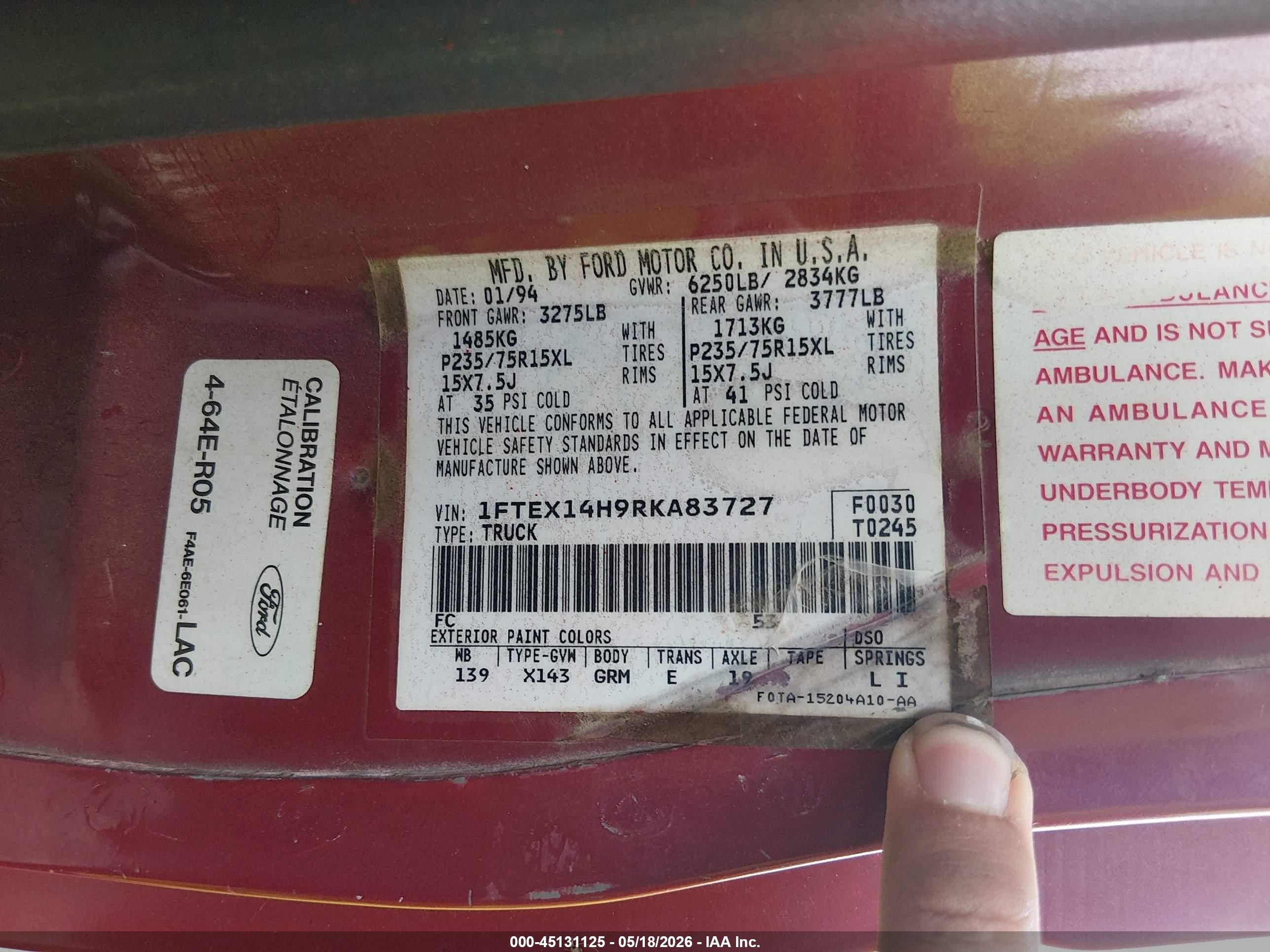 1994 Ford F150   Red vin: 1FTEX14H9RKA83727