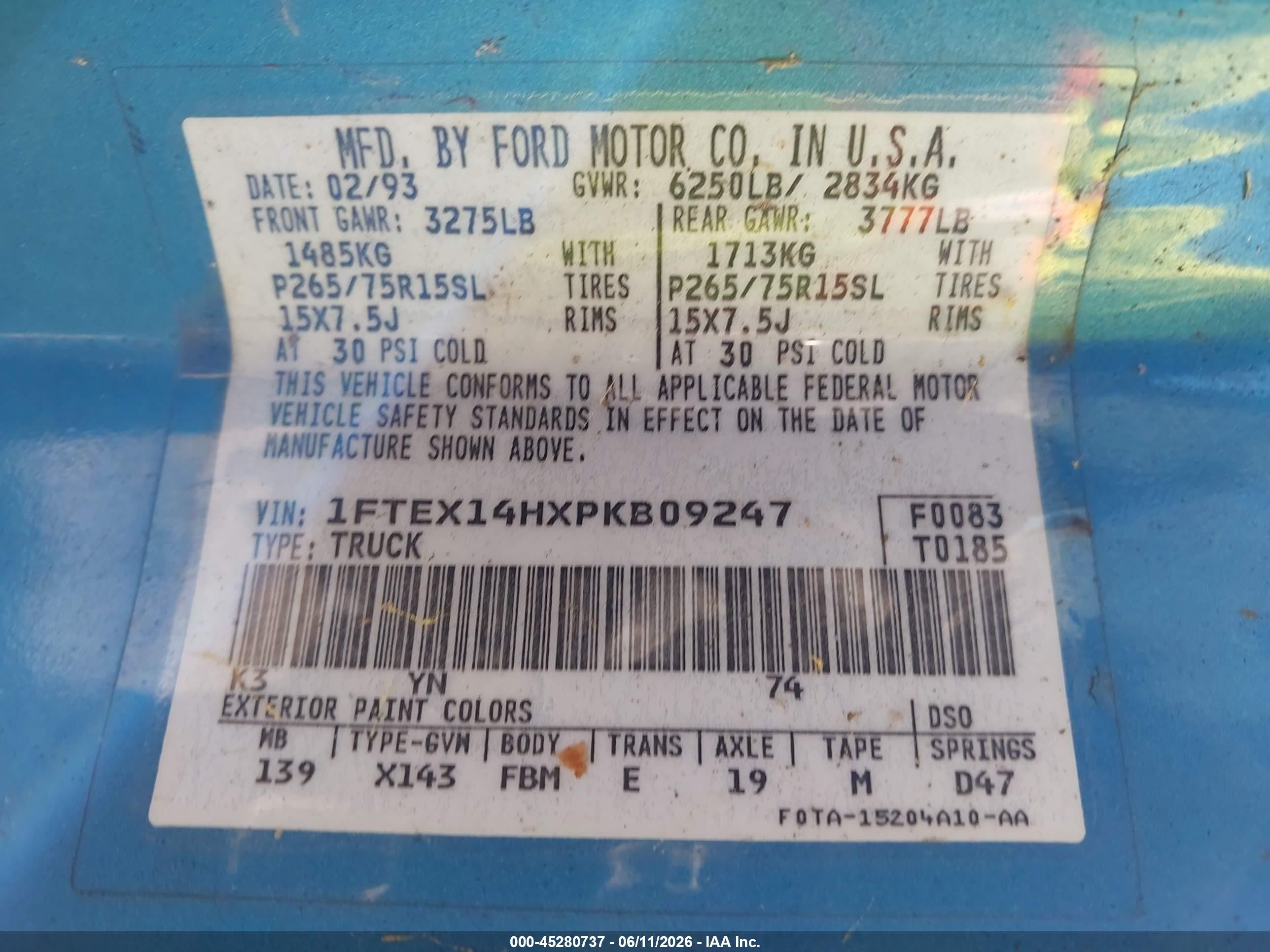 1993 Ford F150   Blue vin: 1FTEX14HXPKB09247