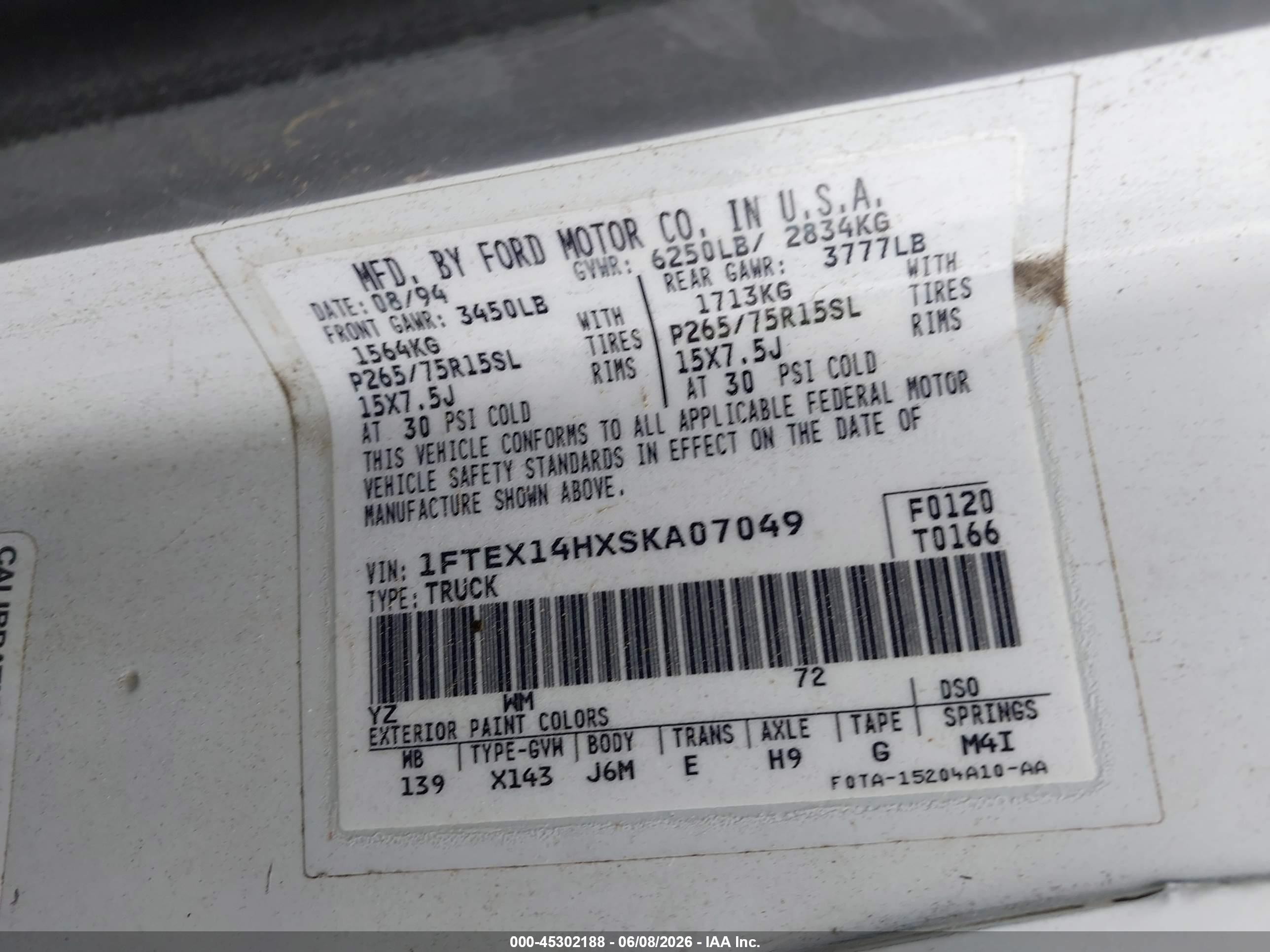 1995 Ford F150   White vin: 1FTEX14HXSKA07049