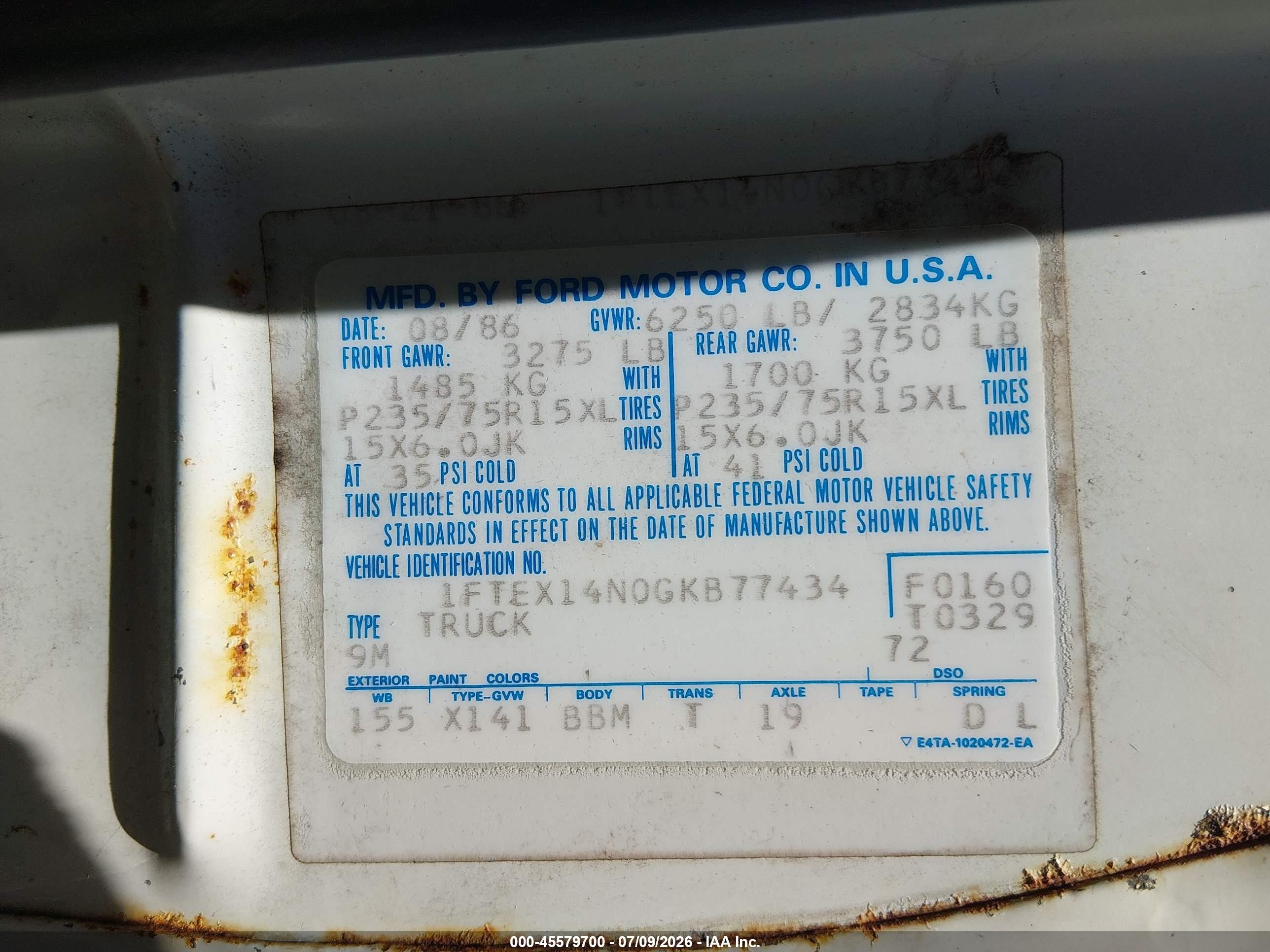 1986 Ford F150   White vin: 1FTEX14N0GKB77434