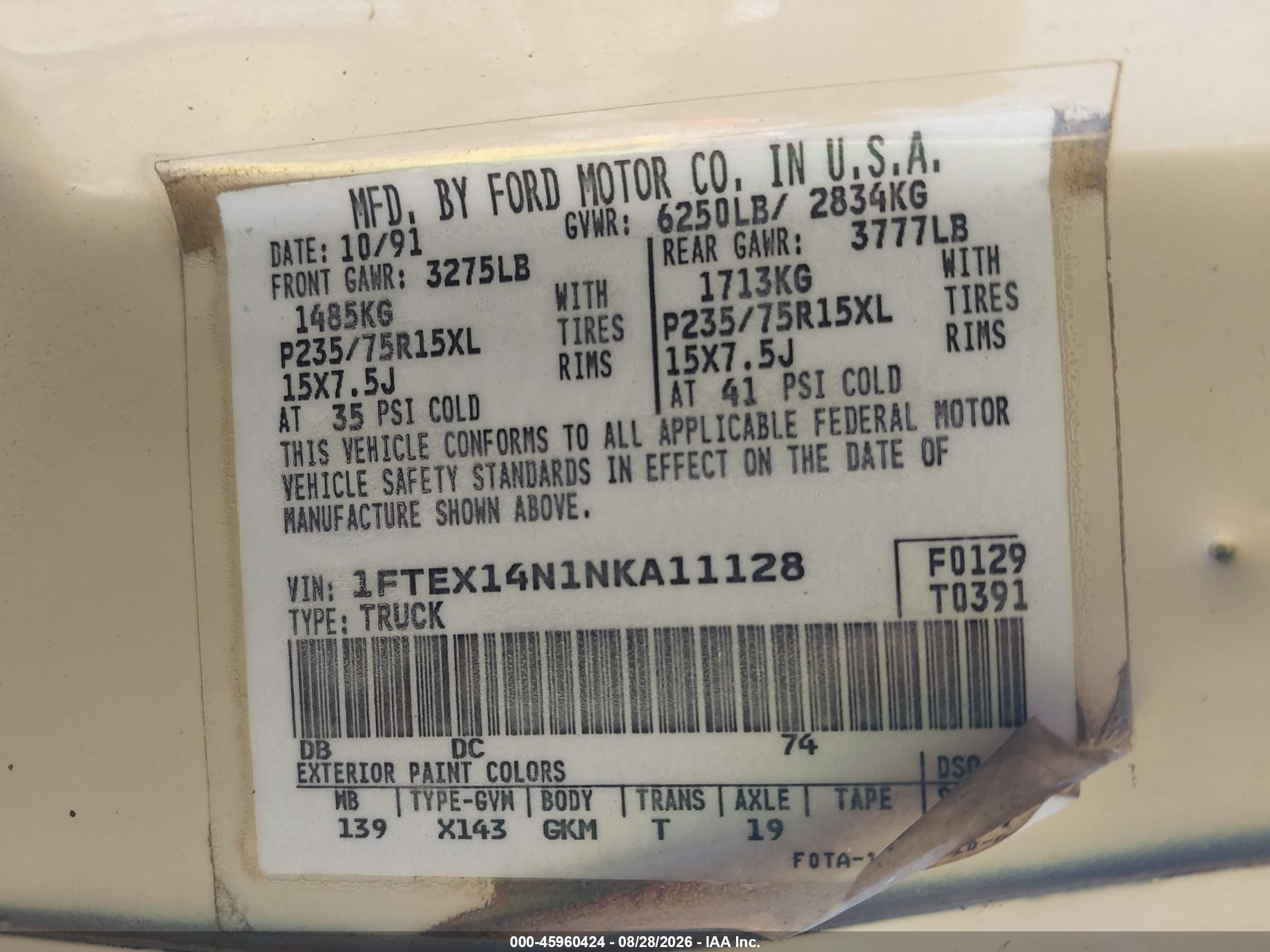 1992 Ford F150   Cream vin: 1FTEX14N1NKA11128