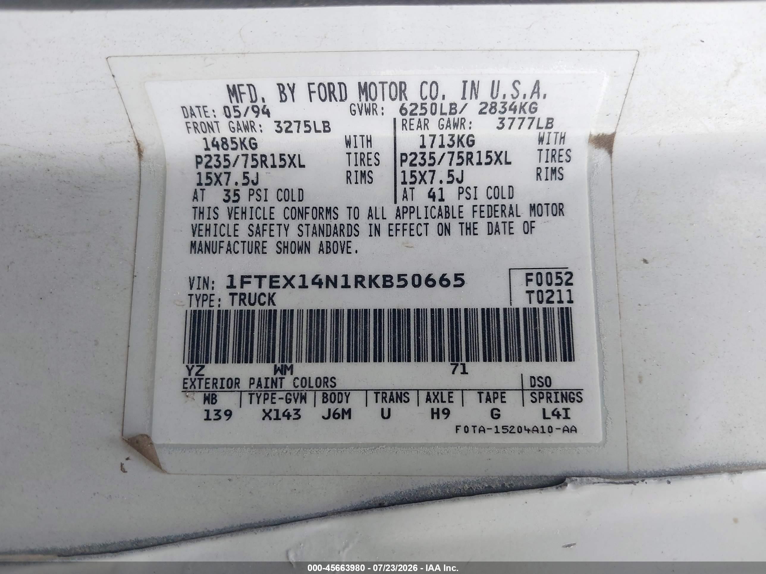 1994 Ford F150   White vin: 1FTEX14N1RKB50665
