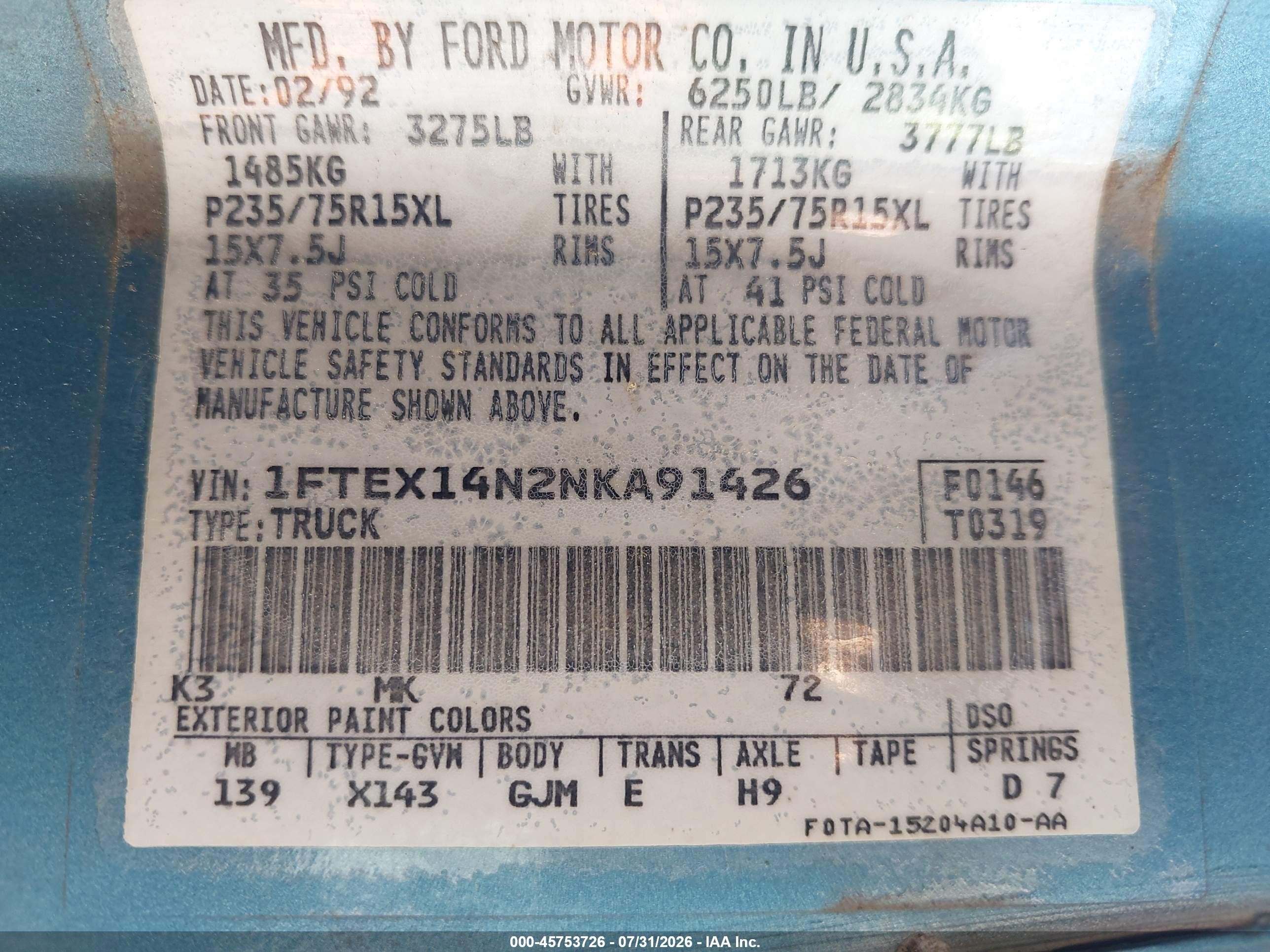 1992 Ford F150   Light Blue vin: 1FTEX14N2NKA91426