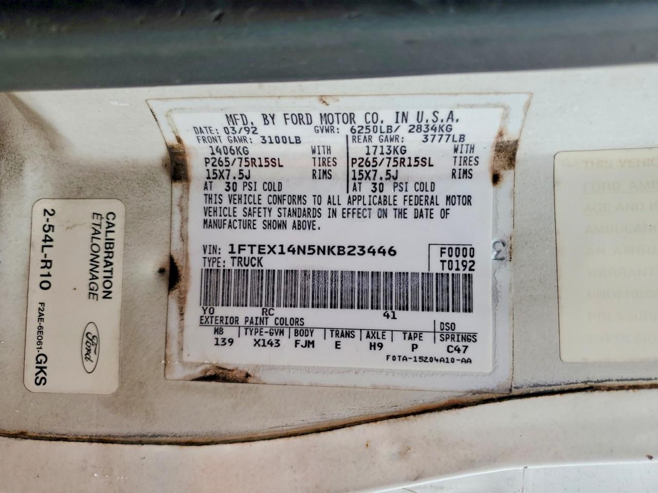 1992 Ford F150 White vin: 1FTEX14N5NKB23446