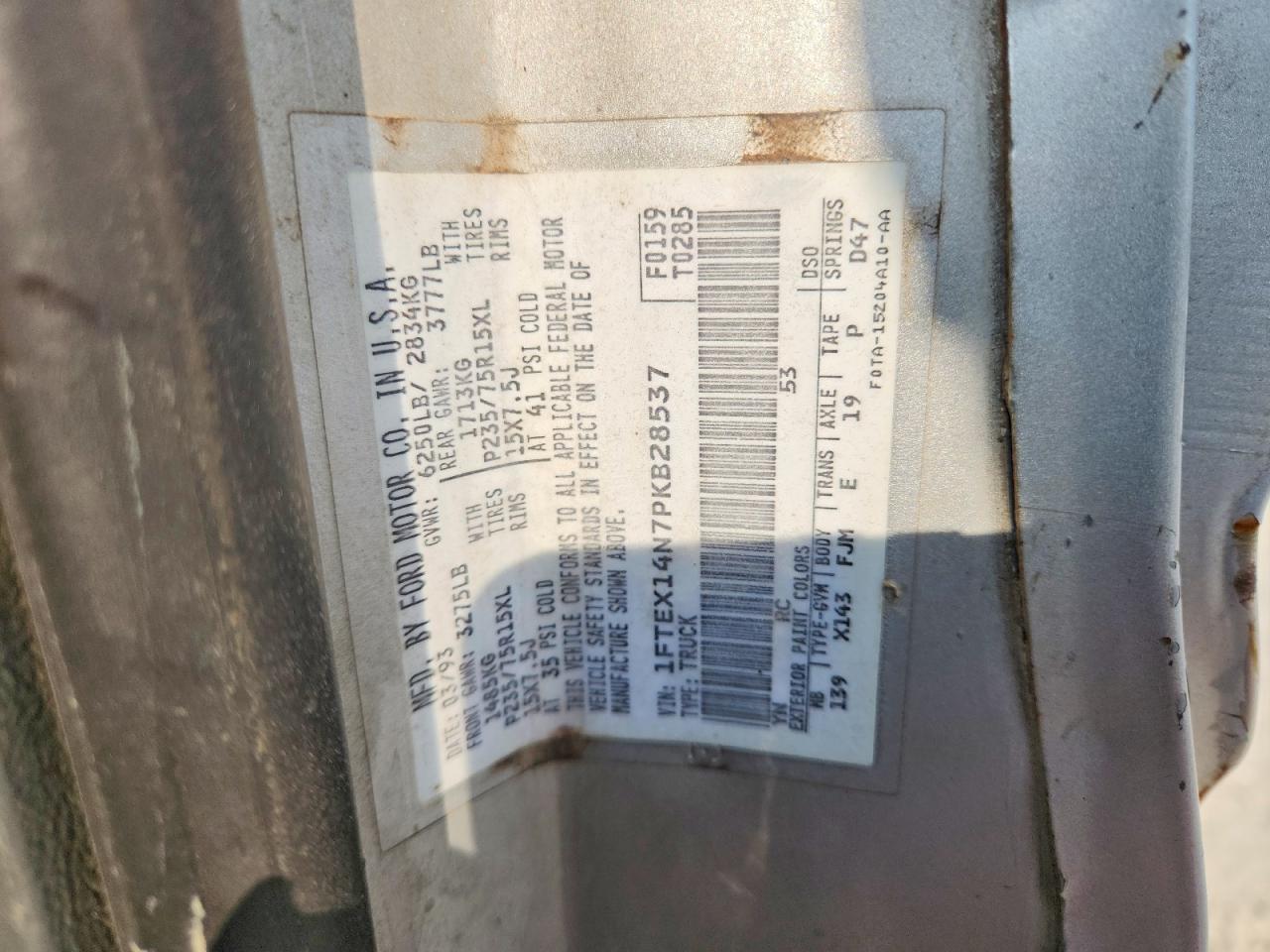 1993 Ford F150 Silver vin: 1FTEX14N7PKB28537
