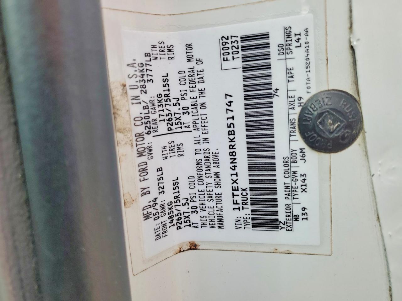 1994 Ford F150 White vin: 1FTEX14N8RKB51747