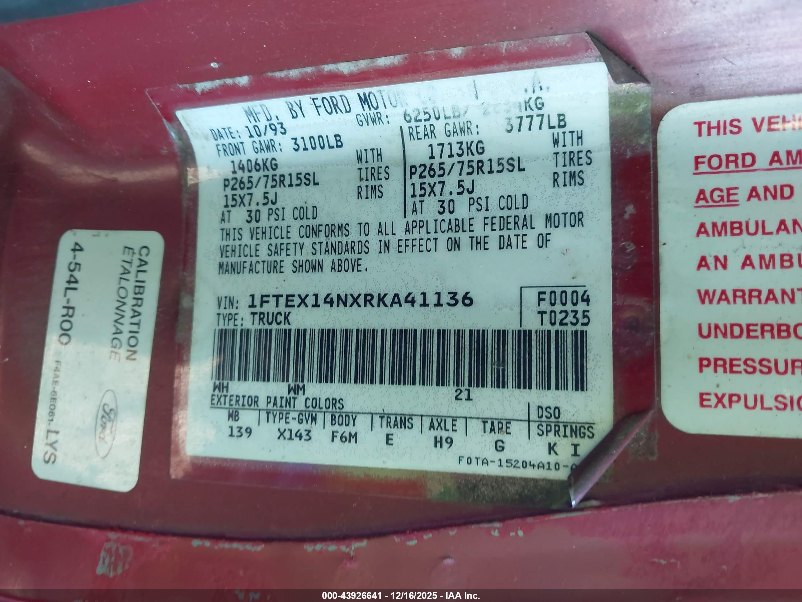 1994 Ford F150   Red vin: 1FTEX14NXRKA41136
