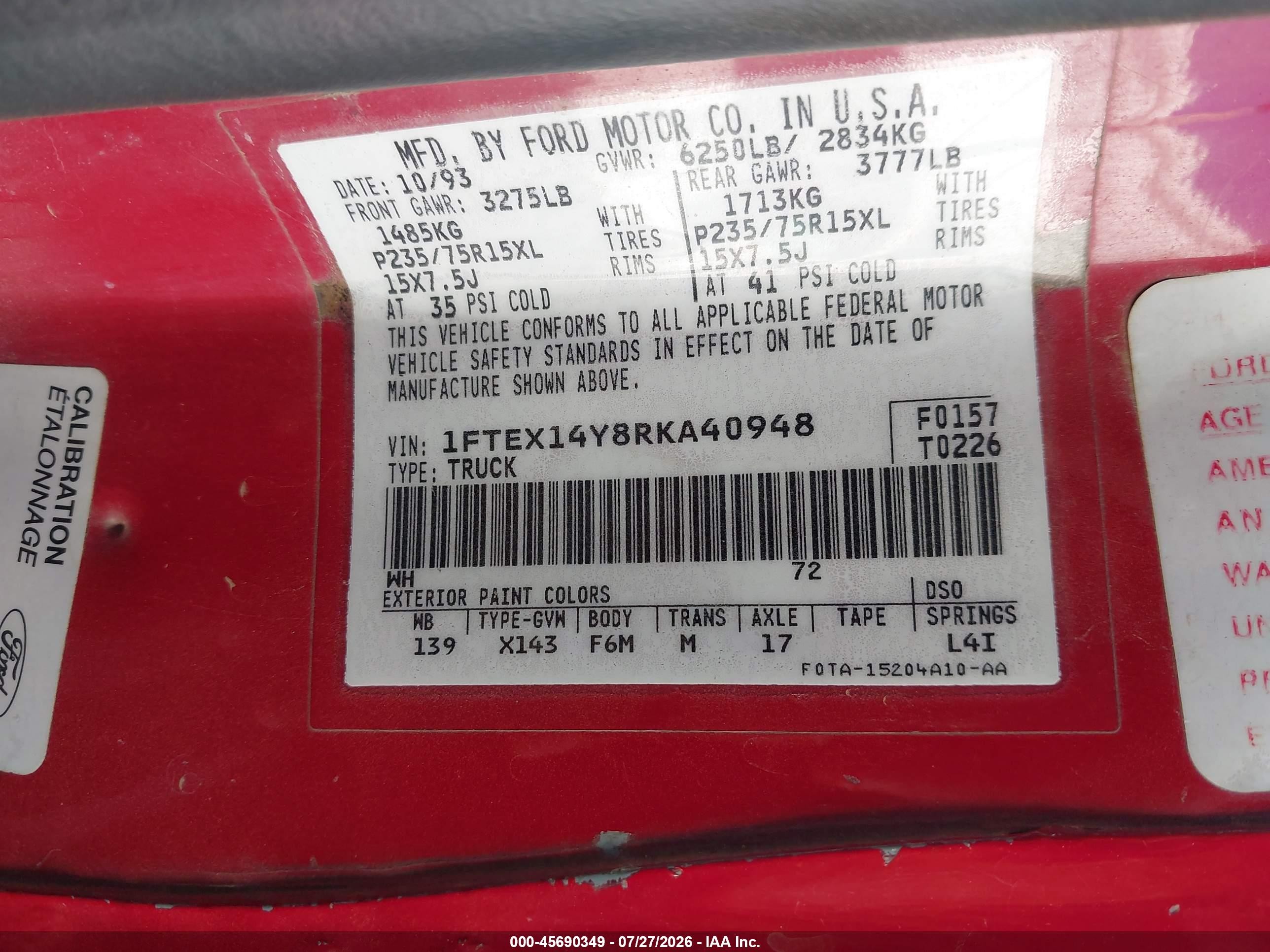 1994 Ford F150   Red vin: 1FTEX14Y8RKA40948