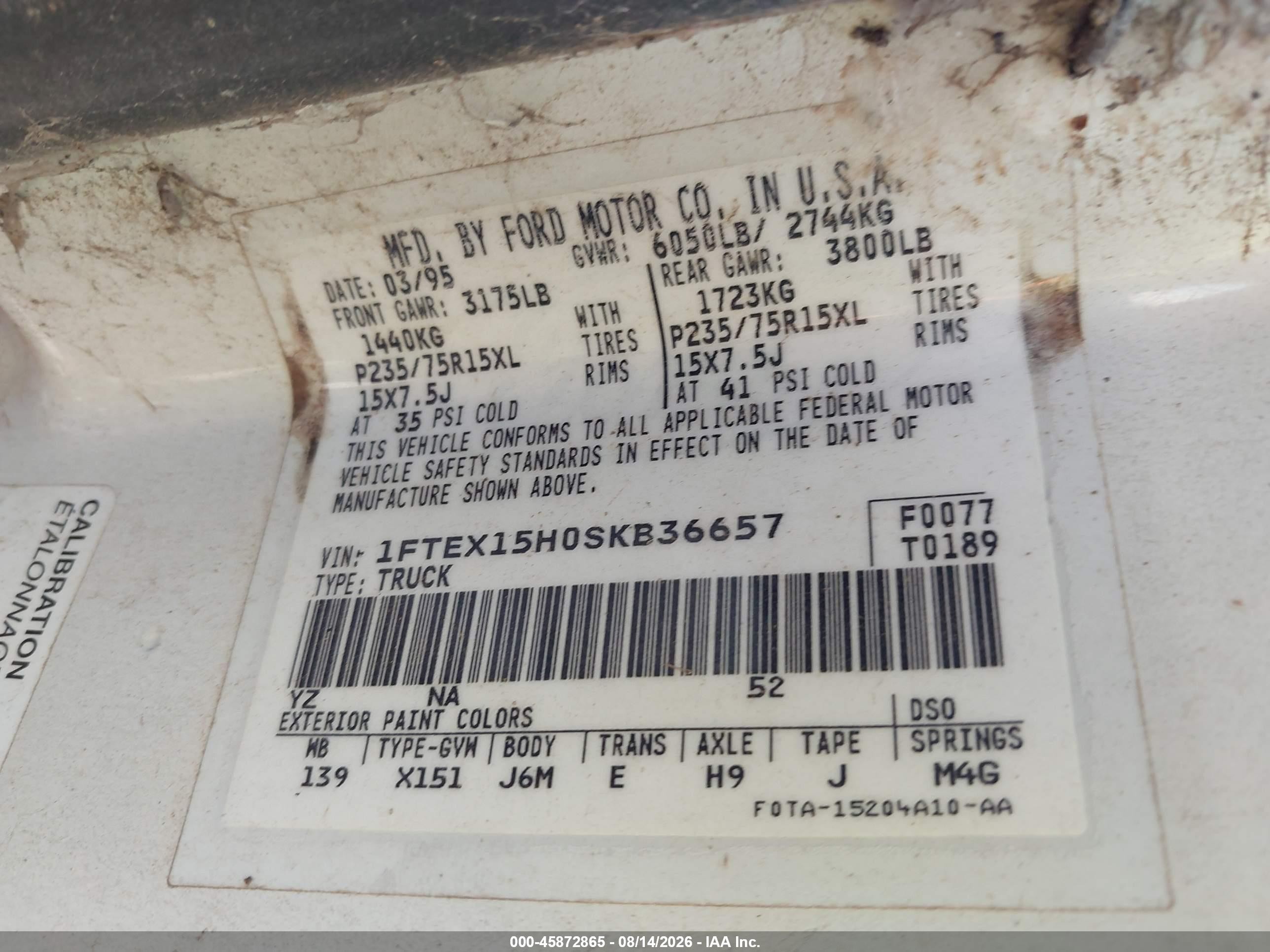 1995 Ford F150   White vin: 1FTEX15H0SKB36657