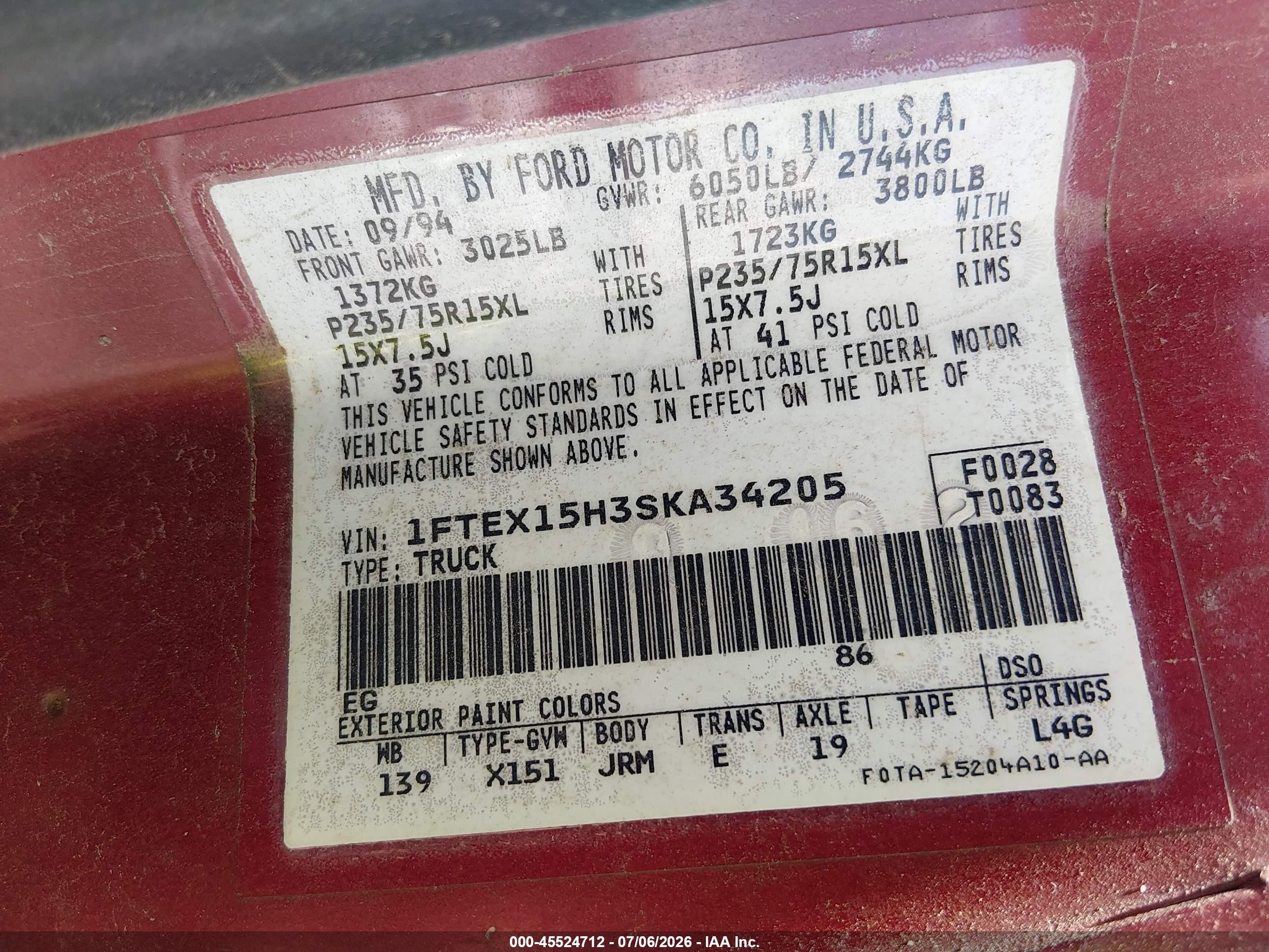 1995 Ford F150   Red vin: 1FTEX15H3SKA34205